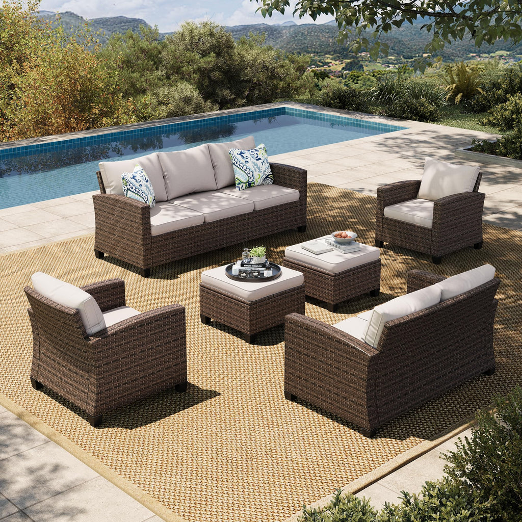Wicker Patio Furniture Set, Outdoor Sectional Conversation Sets, 6 Pieces 9 Seats Outside Sofa Set for Lawn Backyard