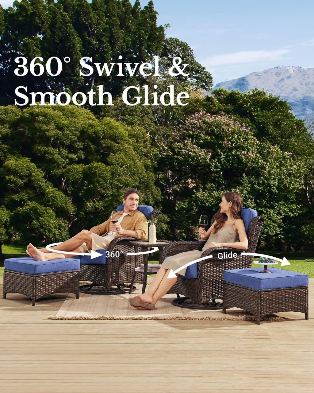 Luxury Patio Furniture Set with 6-inch Thick Cushion, Outdoor High Back Swivel Rocker Patio Chairs, 5PCS Wicker Conversation Set for Deck Yard and Poolside, Blue (V2)