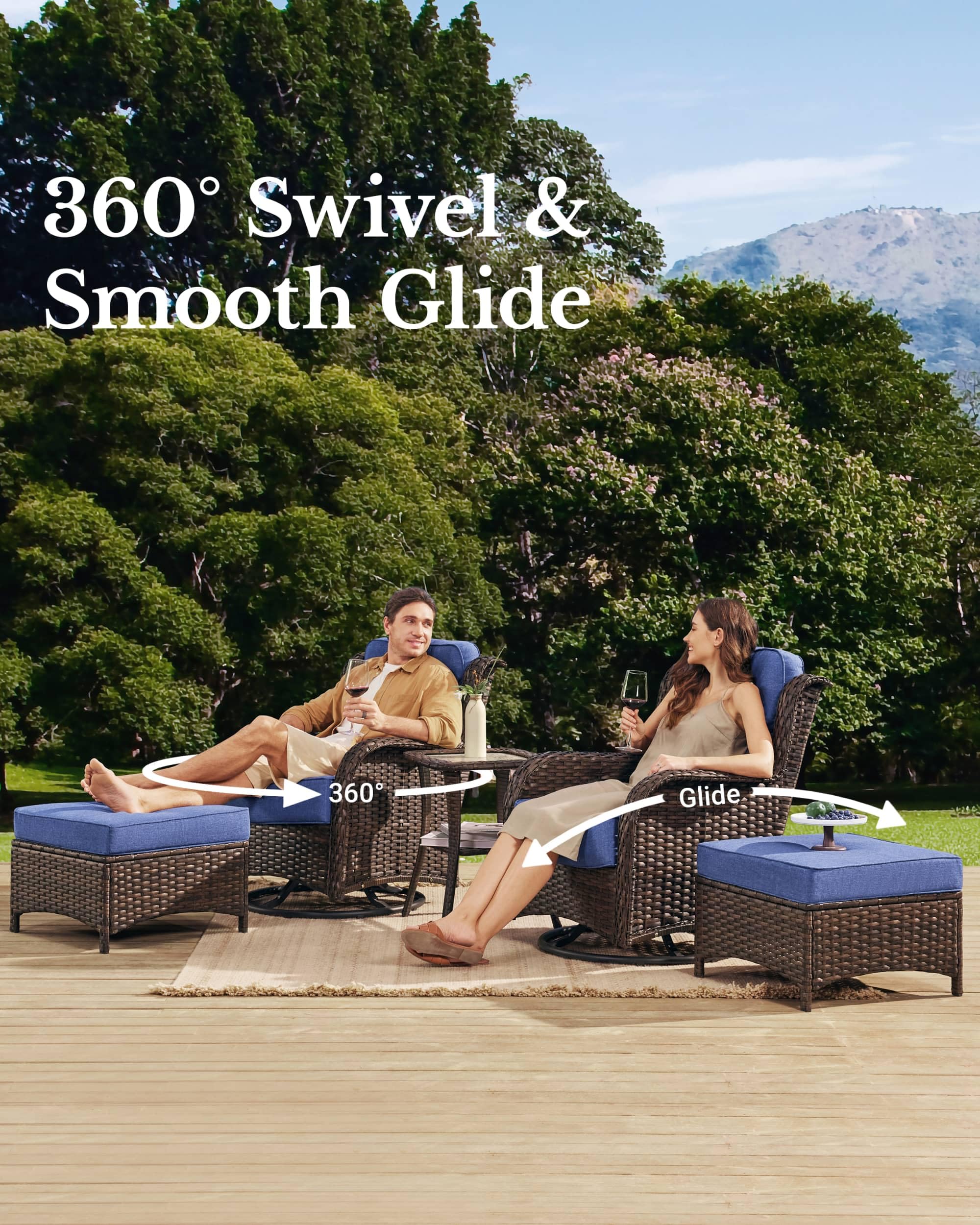 Luxury Patio Furniture Set with 6-inch Thick Cushion, Outdoor High Back Swivel Rocker Patio Chairs, 5PCS Wicker Conversation Set for Deck Yard and Poolside, Blue (V2)