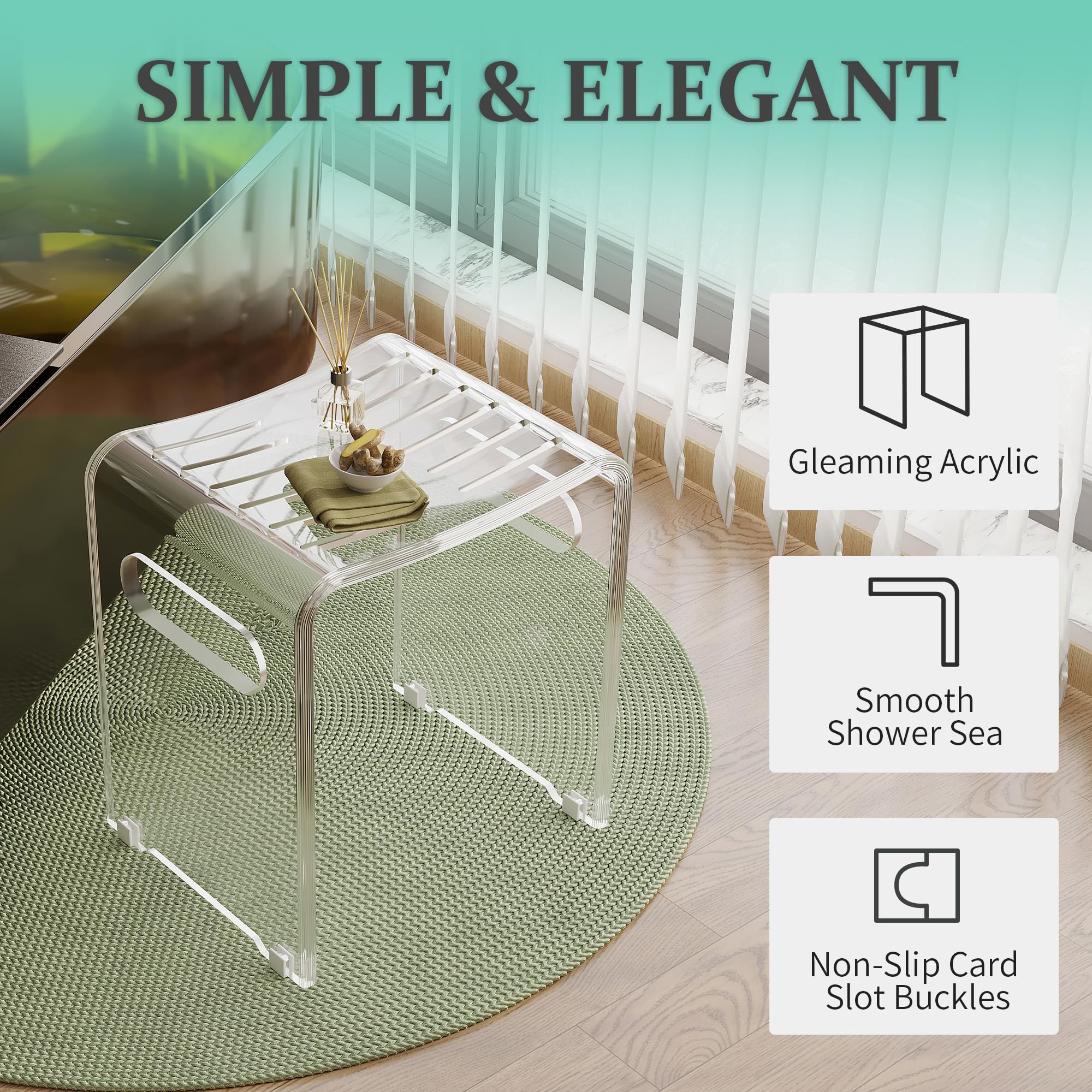 Modern Acrylic Shower Bench, Clear Stool with Anti-Skip Silicone Buckles and 12 Pcs Water Leaking Hole 350 LBS Weight Capacity