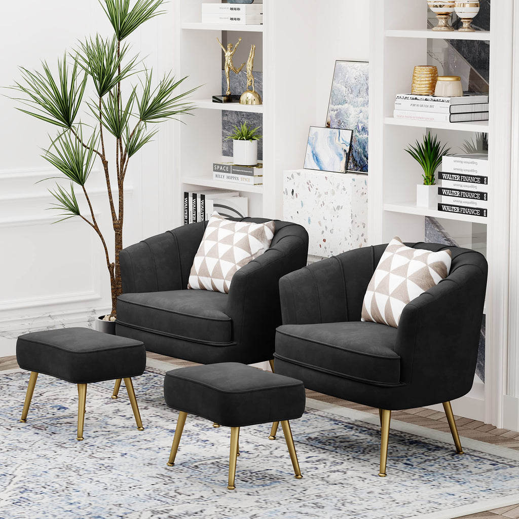 Velvet Accent Chair with Ottoman, Upholstered Modern Single Sofa Side Chair,Comfy Barrel Club Living Room Armchair with Golden Metal Legs for Bedroom Living Reading Room Office, Black