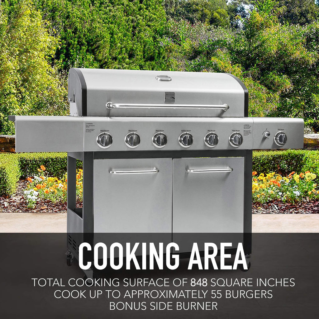6-Burner Propane Gas BBQ Grill with Side Burner, 73,000 BTUs, Stainless Steel Cabinet Grill with Cast Iron Grates for Outdoor Cooking, Backyard BBQ, Patio, Large Parties