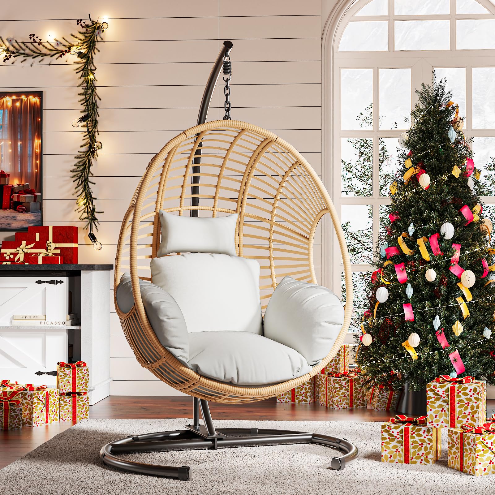Oversized Hanging Egg Chair Outdoor Indoor, Wicker Swing Egg Chair with Stand 400lbs Capacity for Bedroom, Patio, Garden and Balcony (Beige-Regular, Oversize)