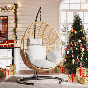 Oversized Hanging Egg Chair Outdoor Indoor, Wicker Swing Egg Chair with Stand 400lbs Capacity for Bedroom, Patio, Garden and Balcony (Beige-Regular, Oversize)