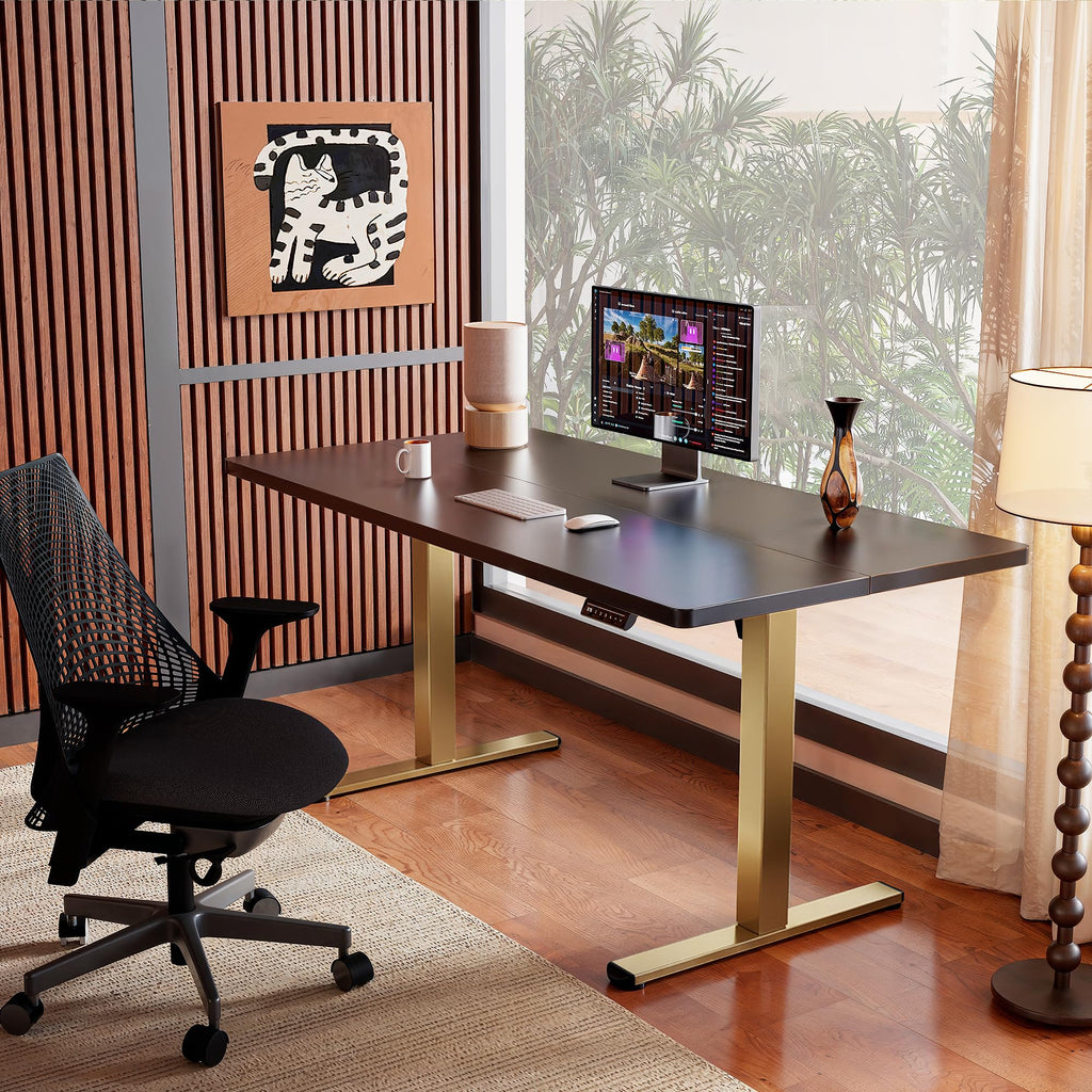 Height Adjustable Electric Standing Desk, 32 x 19 Inches Sit Stand up Desk, Memory Computer Home Office Desk, Black+Gold