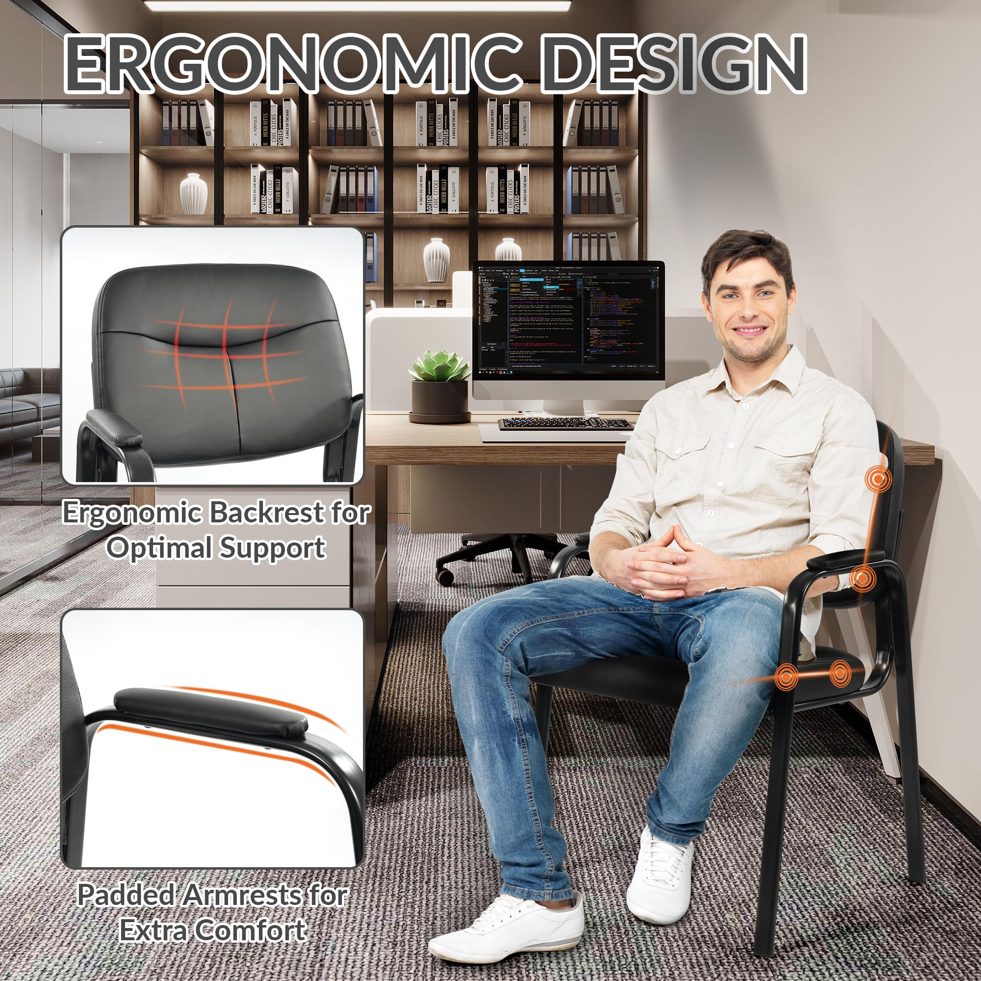 Waiting Room Chairs No Wheels Set of 4, Leather Stationary Office Reception Guest Chair with Padded Arms for Elderly Desk Conference Room Lobby Table Side Salon
