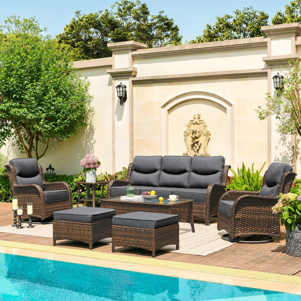 Luxury Patio Furniture Set with 6-inch Thick Cushion, Outdoor Couch and High Back Swivel Rocker Patio Chairs, 7PCS Wicker Conversation Set for Deck Yard and Poolside, Dark Grey (V2)