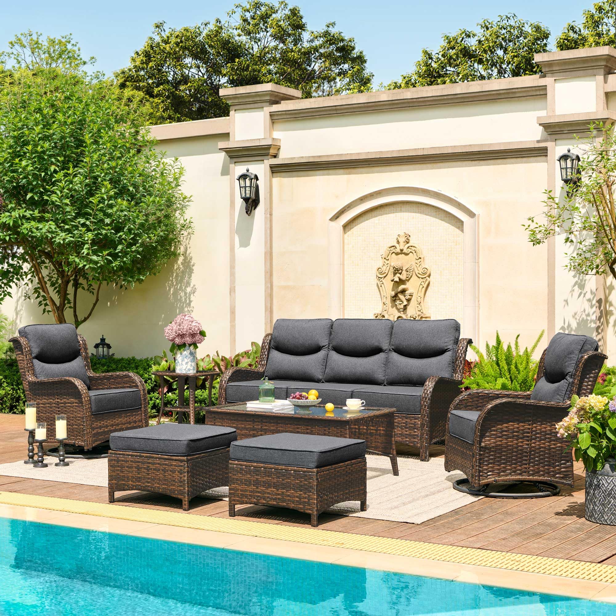 Luxury Patio Furniture Set with 6-inch Thick Cushion, Outdoor Couch and High Back Swivel Rocker Patio Chairs, 7PCS Wicker Conversation Set for Deck Yard and Poolside, Dark Grey (V2)