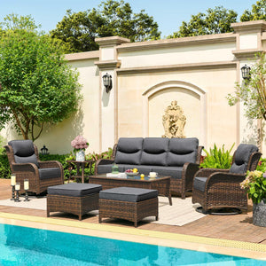 Luxury Patio Furniture Set with 6-inch Thick Cushion, Outdoor Couch and High Back Swivel Rocker Patio Chairs, 7PCS Wicker Conversation Set for Deck Yard and Poolside, Dark Grey (V2)
