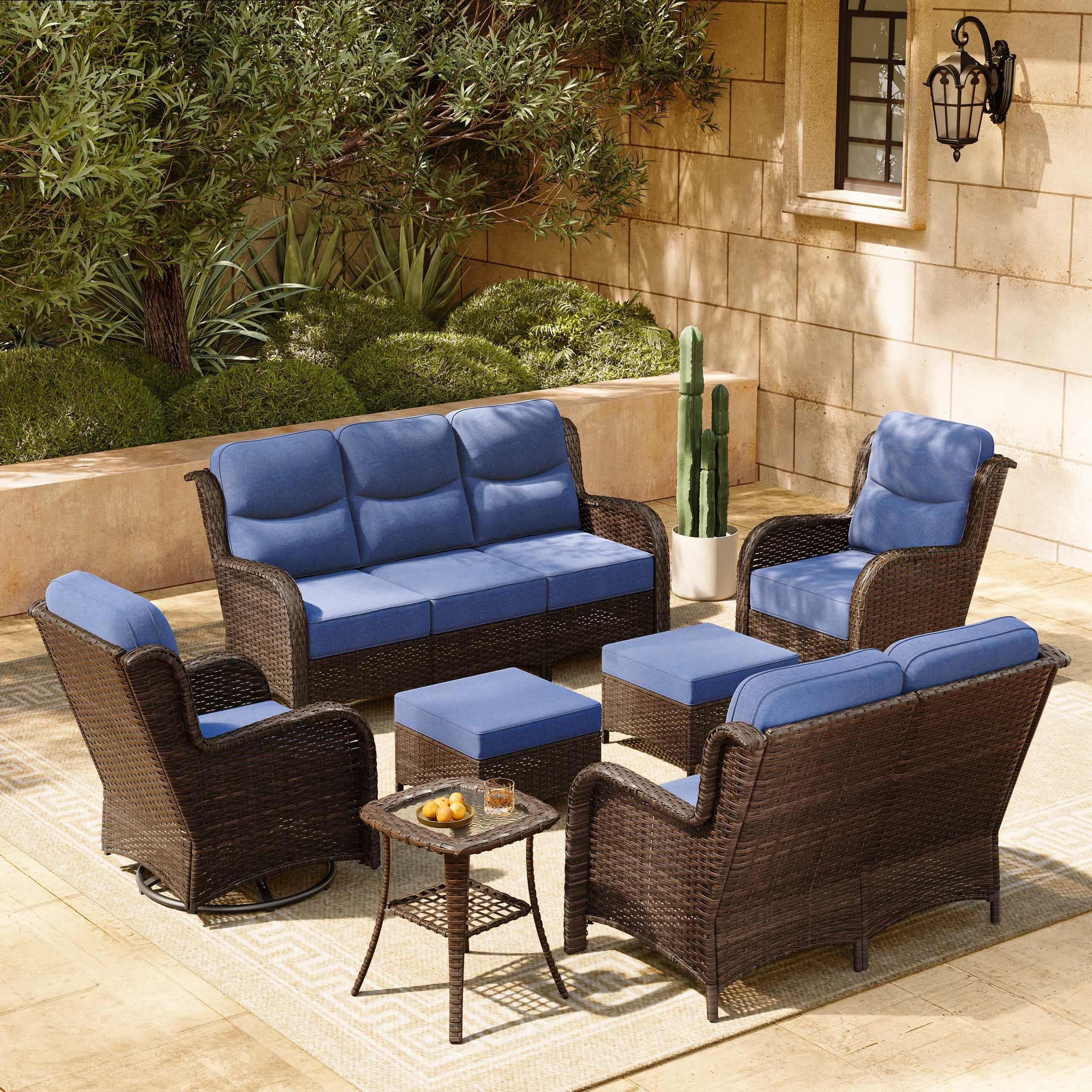 Luxury Patio Furniture Set with 6-inch Thick Cushion, Outdoor Couch, Loveseat and High Back Swivel Rocker Patio Chairs, 7PCS Wicker Conversation Set for Deck Yard and Poolside, Blue (V2)