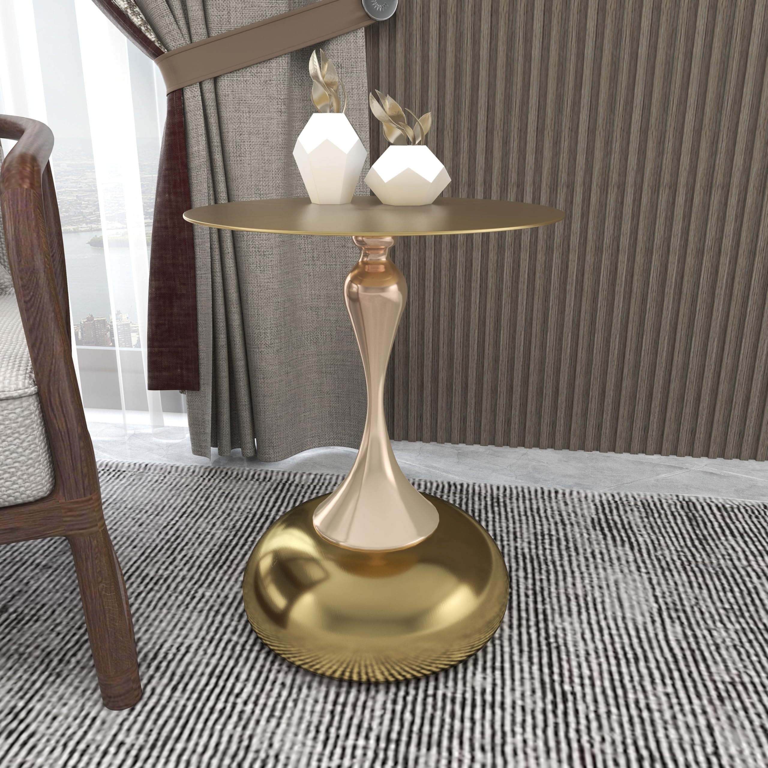 Modern Round Side Table with Gold Stainless Steel Top, Gold Pedestal Stem & Glossy Base, Accent End Table for Living Room, Bedroom, or Small Spaces, 17.7" × 21.6", Shiny Gold