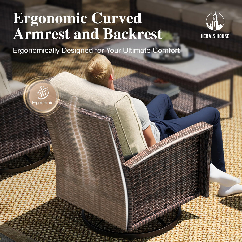 Patio Furniture Set with Swivel Chairs, High Back Outdoor Wicker Furniture with 5.5" Thick Cushions, Outside Conversation Sofa Sets for Backyard Deck Lawn, Beige