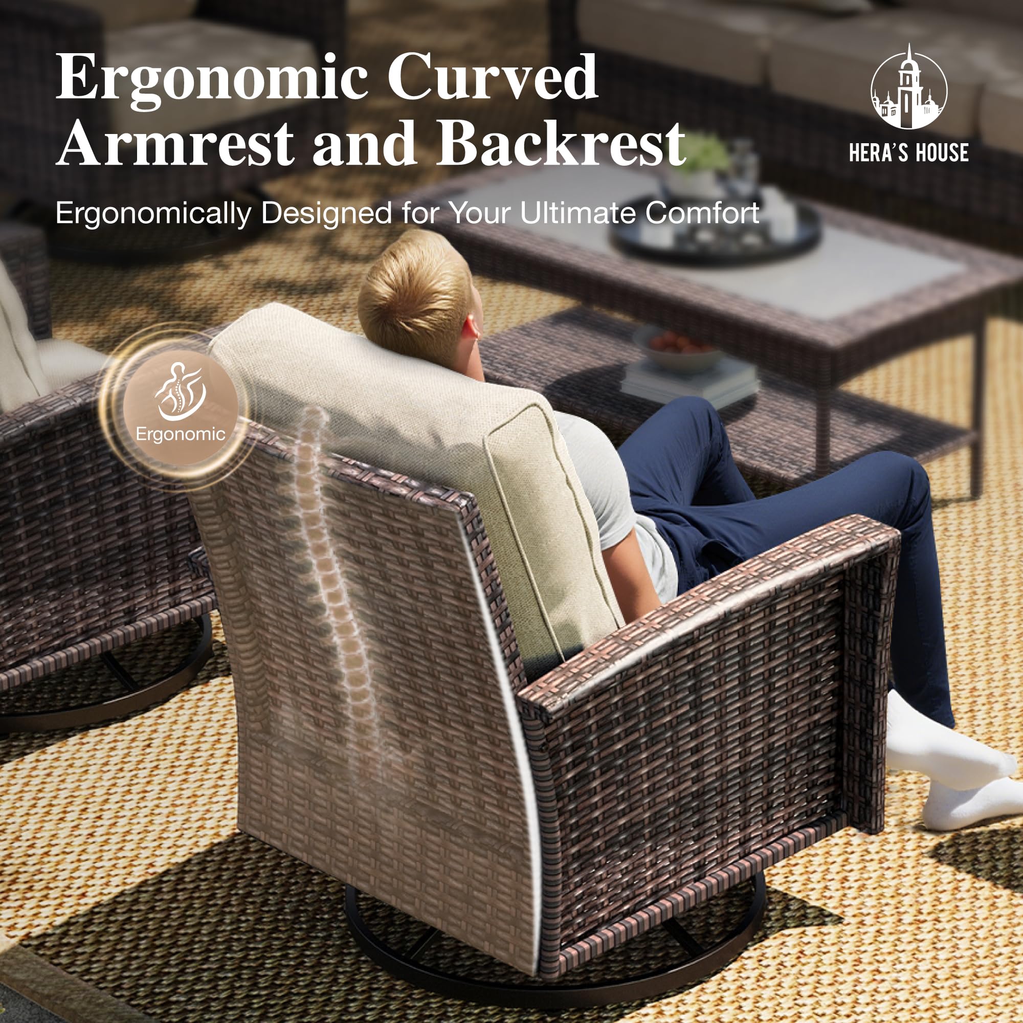 Luxury Patio Furniture Set with 5.5" Thick Cushion, Outdoor Wicker Conversation Set, 4 x High Back Swivel Patio Chairs with Tempered Glass Table, Waterproof 3-Seat Sofa for Deck Lawn Deck Yard, Beige