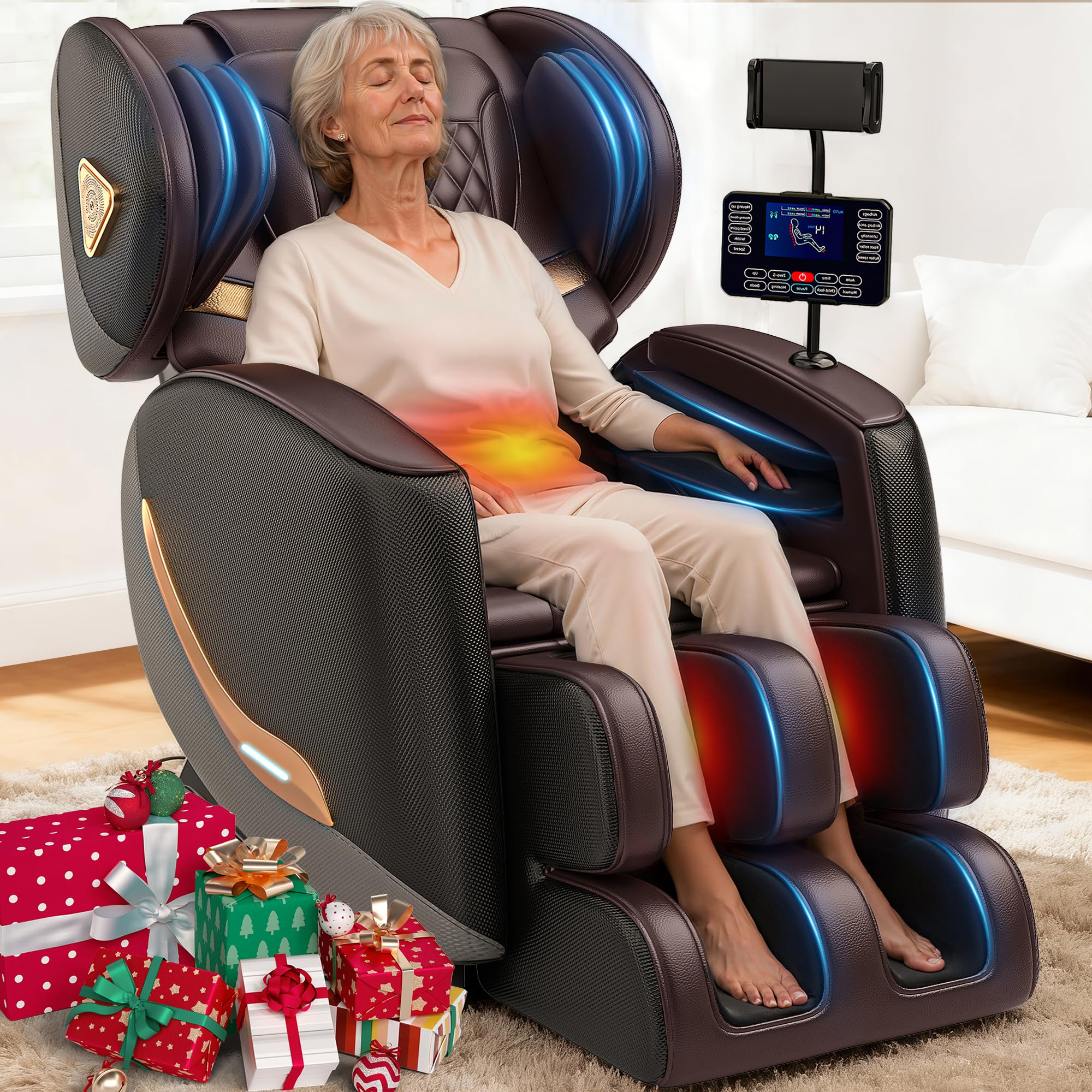 Upgraded Massage Chair Full Body, Zero Gravity Recliner with Heat, 10 Fix Points, Bluetooth, Touch Screen, Footrest, Shiatsu Massage Chair for Parents, Seniors & Easy Assembly - Brown