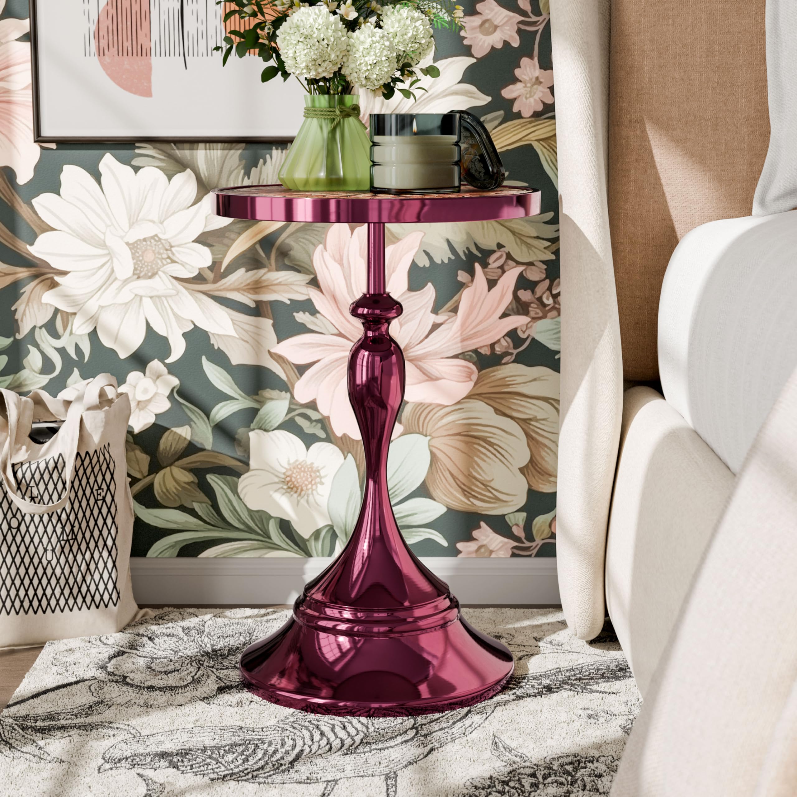 Modern 24" Tall Round End Table with Decorated Tabletop and Iron Metal Base, Accent Furniture, Elegant Pedestal Stand for Living Room, Home Office, Chrome Purple