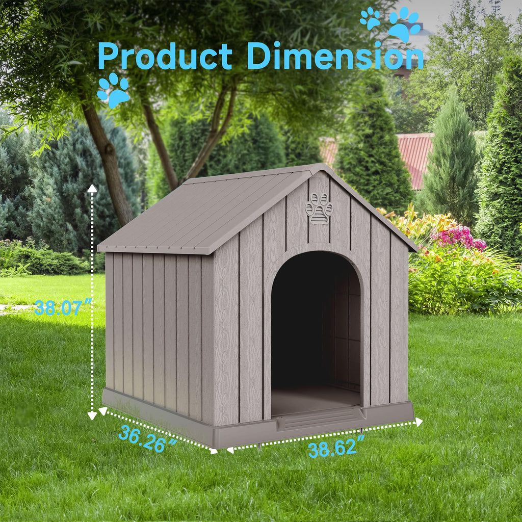 Large Dog House Indoor Outdoor Waterproof,Puppy Shelter with Air Vents and Elevated Floor,Sturdy Dog Kennel for Small to Large Sized Dogs, Easy to Assemble (Grey, 38.62×36.26×38.07 Inches)