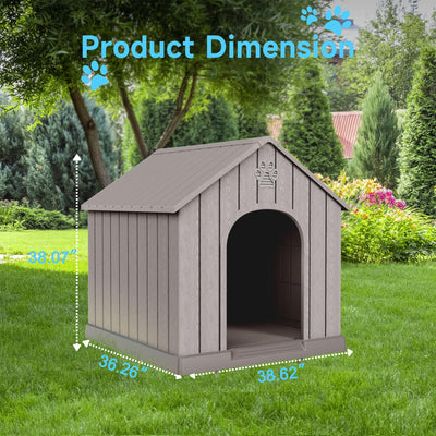 Large Dog House Indoor Outdoor Waterproof,Puppy Shelter with Air Vents and Elevated Floor,Sturdy Dog Kennel for Small to Large Sized Dogs, Easy to Assemble (Grey, 38.62×36.26×38.07 Inches)
