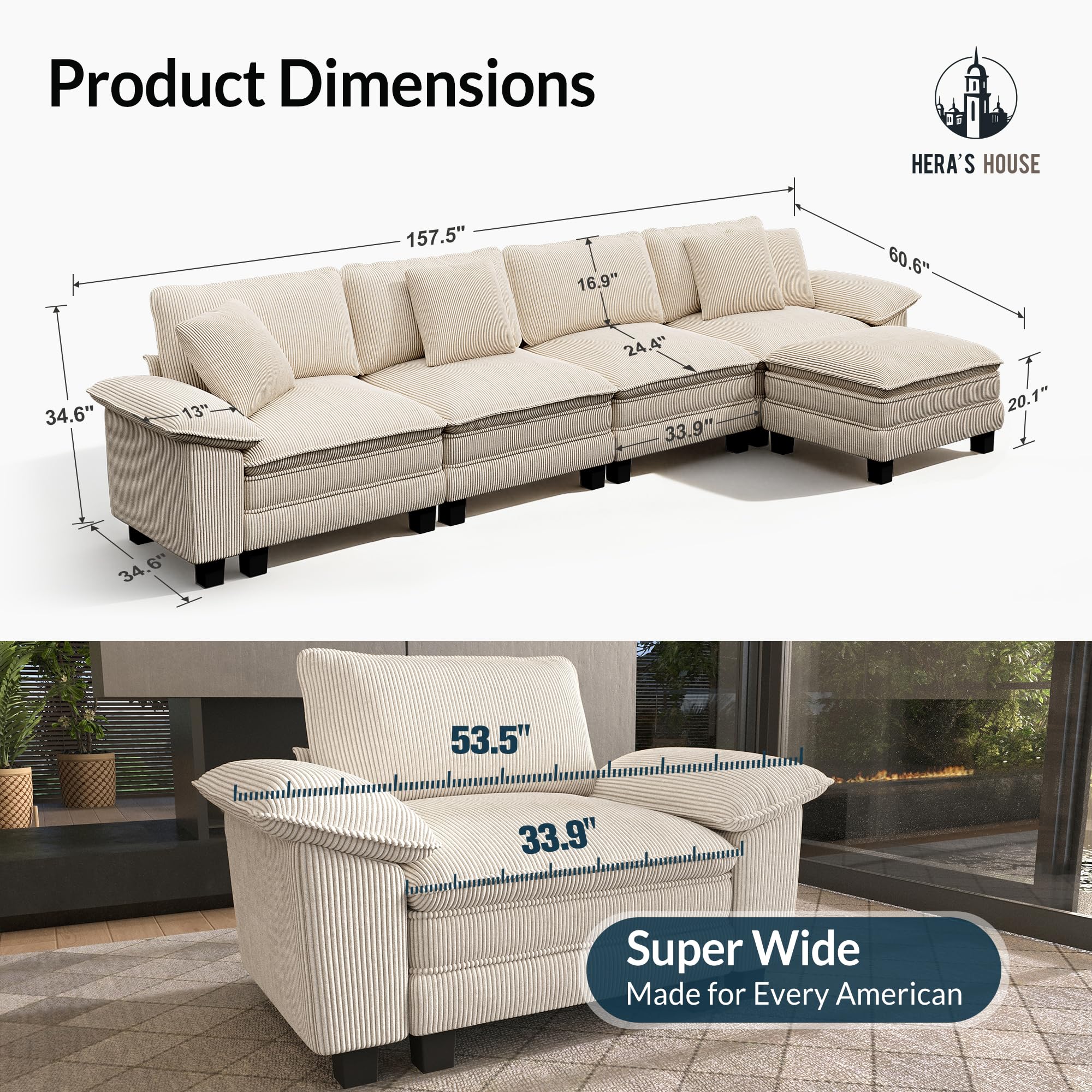 158" Modular Sectional Sofa, Oversized L Shaped Couches for Living Room, Comfy Cloud Couch with Ottoman, 5-Seater Deep Seat Sofa with Throw Pillow, Corduroy Beige