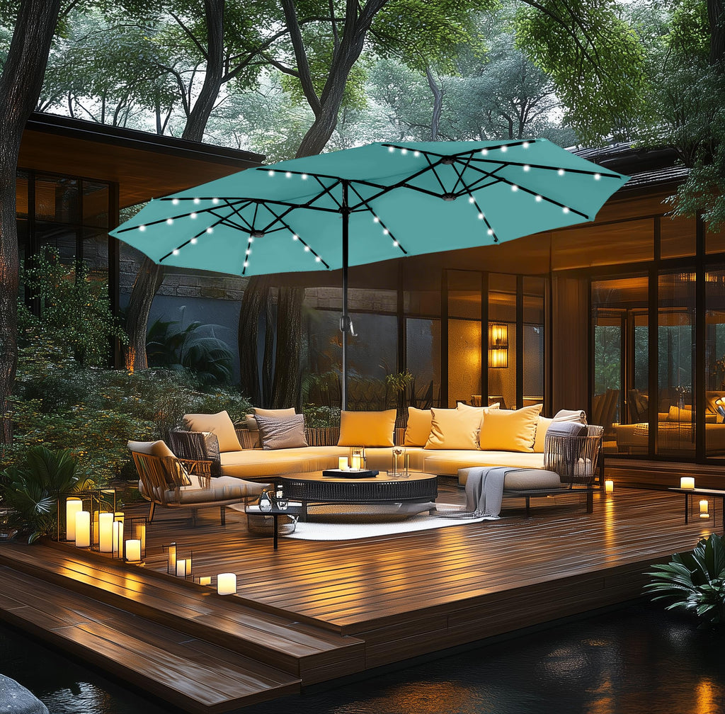 15ft Double Sided Patio Umbrella with Solar Lights, Outdoor Large Umbrellas with Crank Handle and 36 LED Lights, Rectangular Market Umbrella with Base Included for Deck Pool Shade, Turquoise