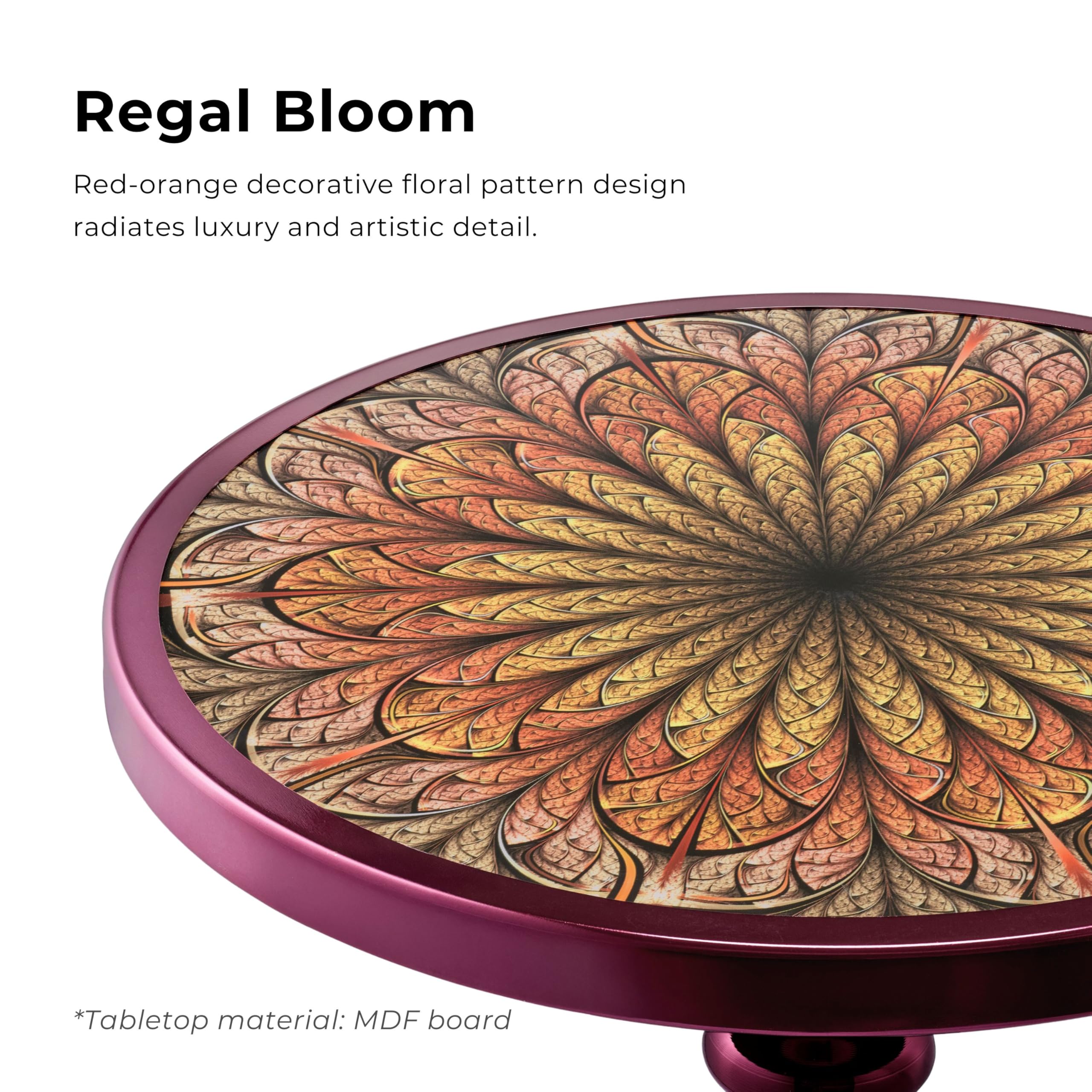 Modern 24" Tall Round End Table with Decorated Tabletop and Iron Metal Base, Accent Furniture, Elegant Pedestal Stand for Living Room, Home Office, Chrome Purple