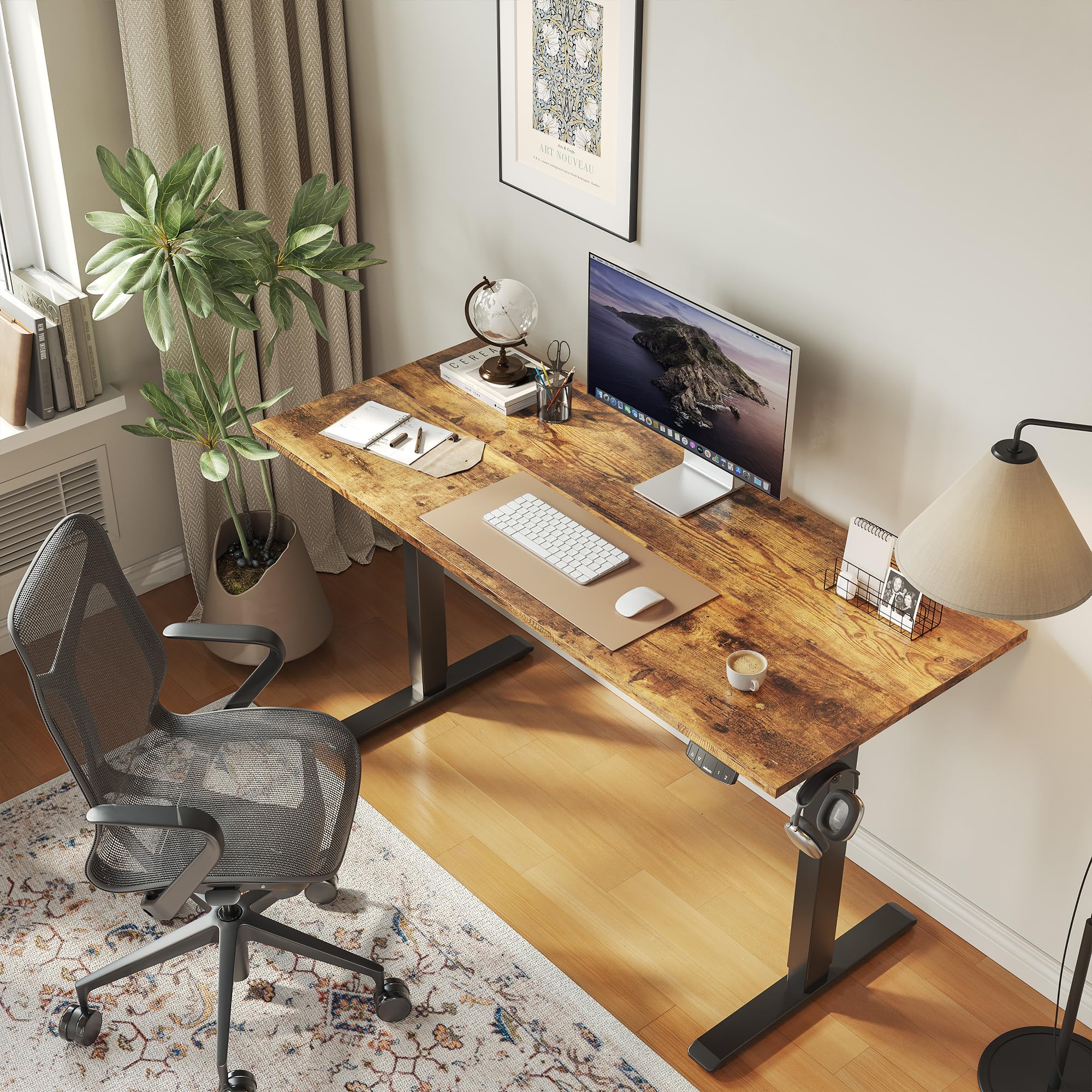 Electric Standing Desk, 63 x 24 Inches Height Adjustable Desk, Sit Stand up for Work Office Home, Ergonomic Rising Computer Table with Memory Preset, Rustic Brown