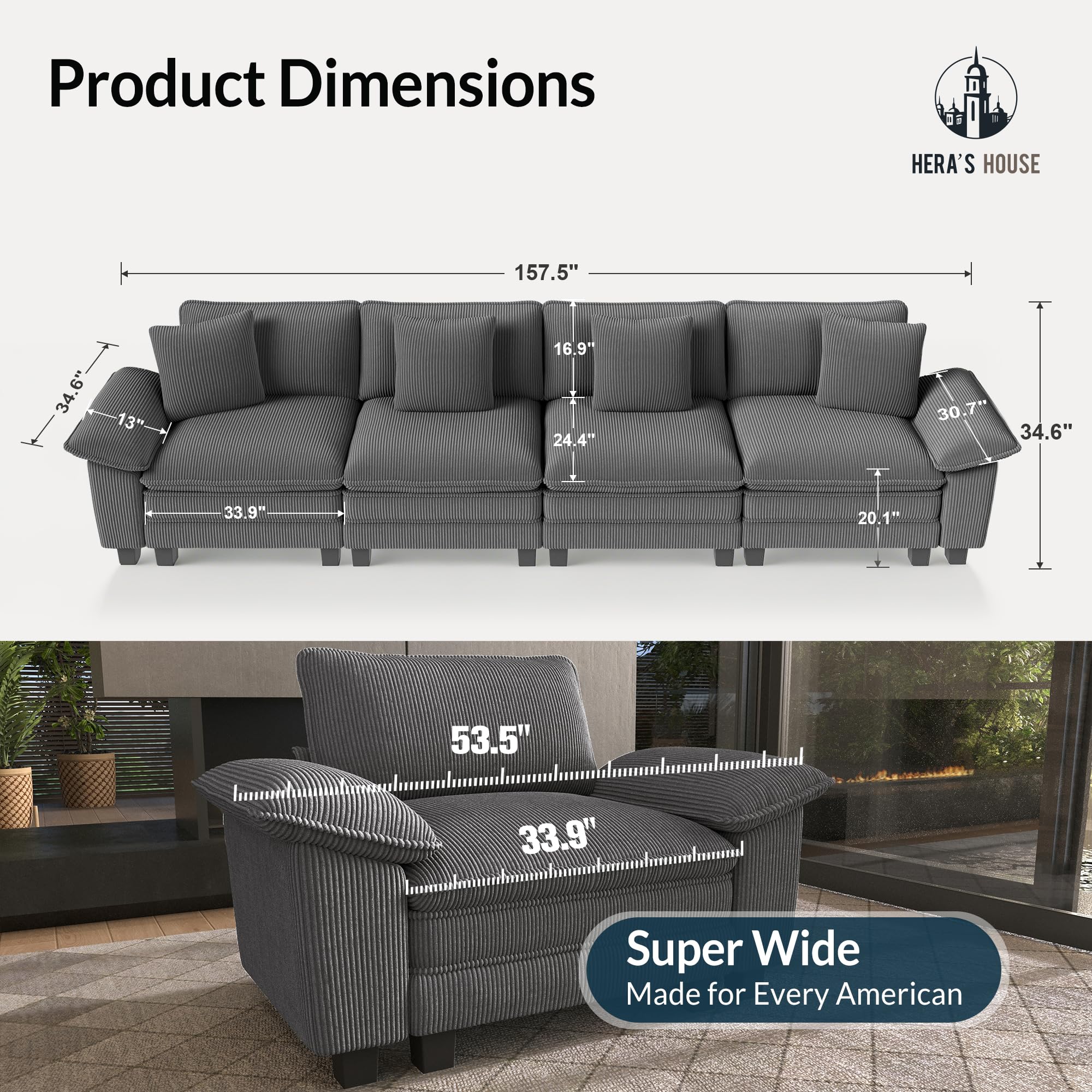 158" Modular Sectional Sofa, Oversized Couches for Living Room, Comfy Cloud Couch 4-Seater Deep Seat Sofa with Throw Pillow, Corduroy Grey