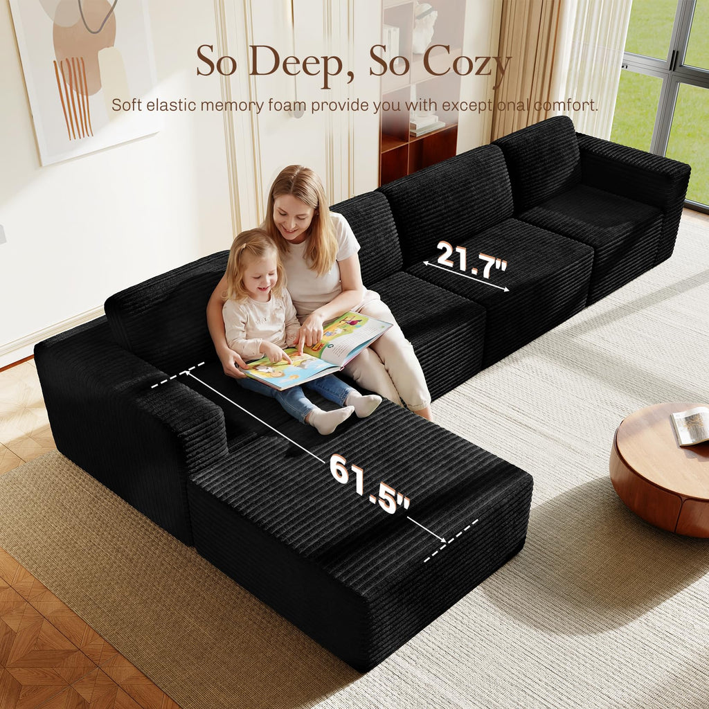 159" Large Modular Sectional Sofa, L-Shaped Corduroy Cloud Couch with Deep Seats & Spring Support, 4-Seater Boneless Sofa with Movable Ottoman, No Assembly Needed, Black