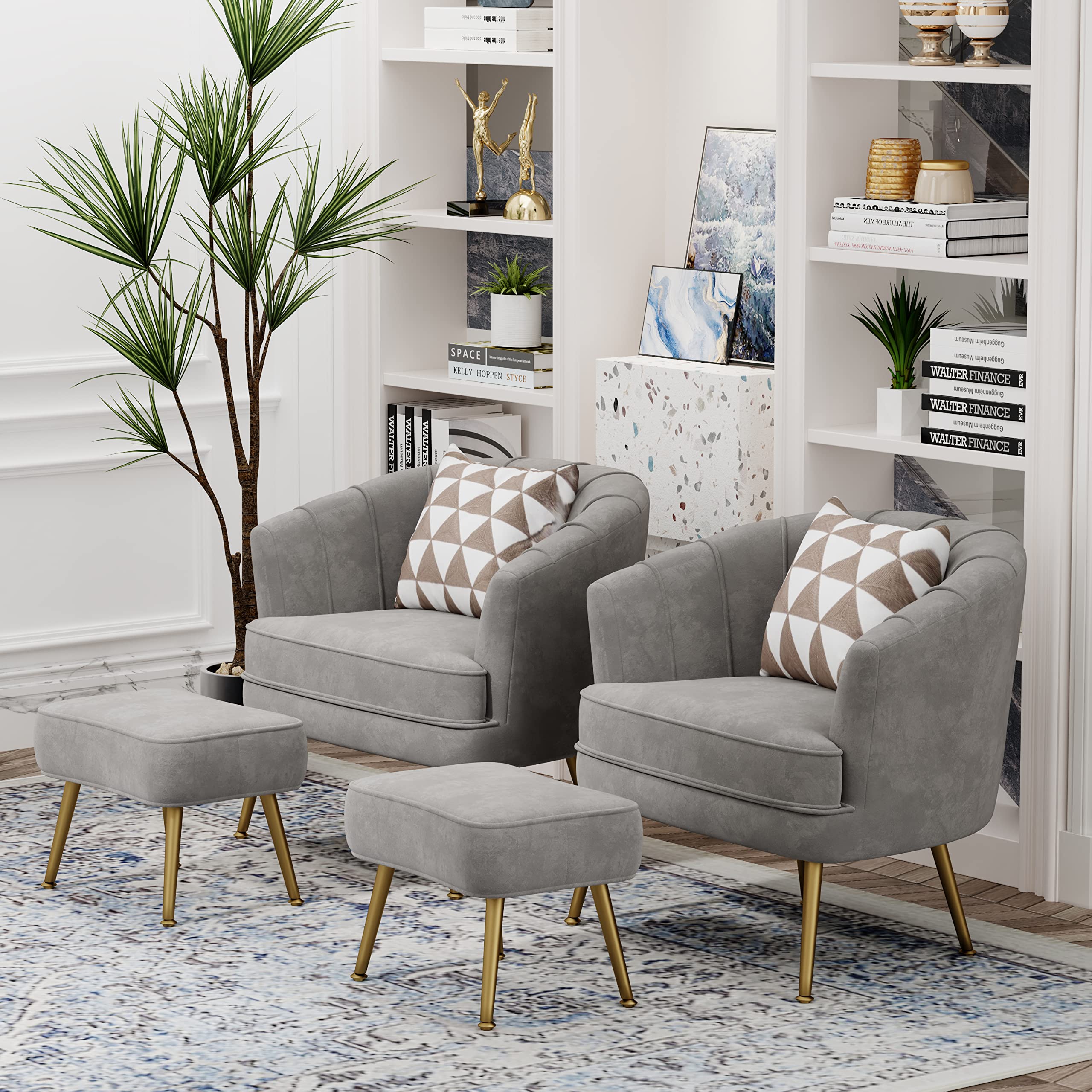 Velvet Accent Chair with Ottoman, Upholstered Modern Single Sofa Side Chair,Comfy Barrel Club Living Room Armchair with Golden Metal Legs for Bedroom Living Reading Room Office, Grey