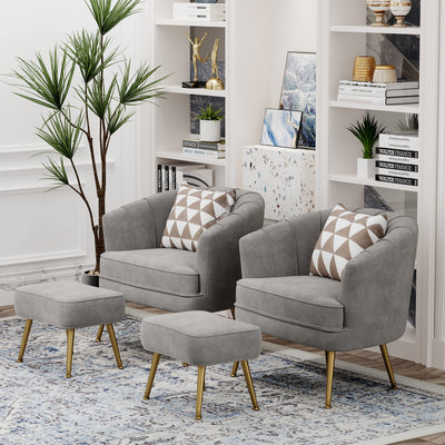 Velvet Accent Chair with Ottoman, Upholstered Modern Single Sofa Side Chair,Comfy Barrel Club Living Room Armchair with Golden Metal Legs for Bedroom Living Reading Room Office, Grey