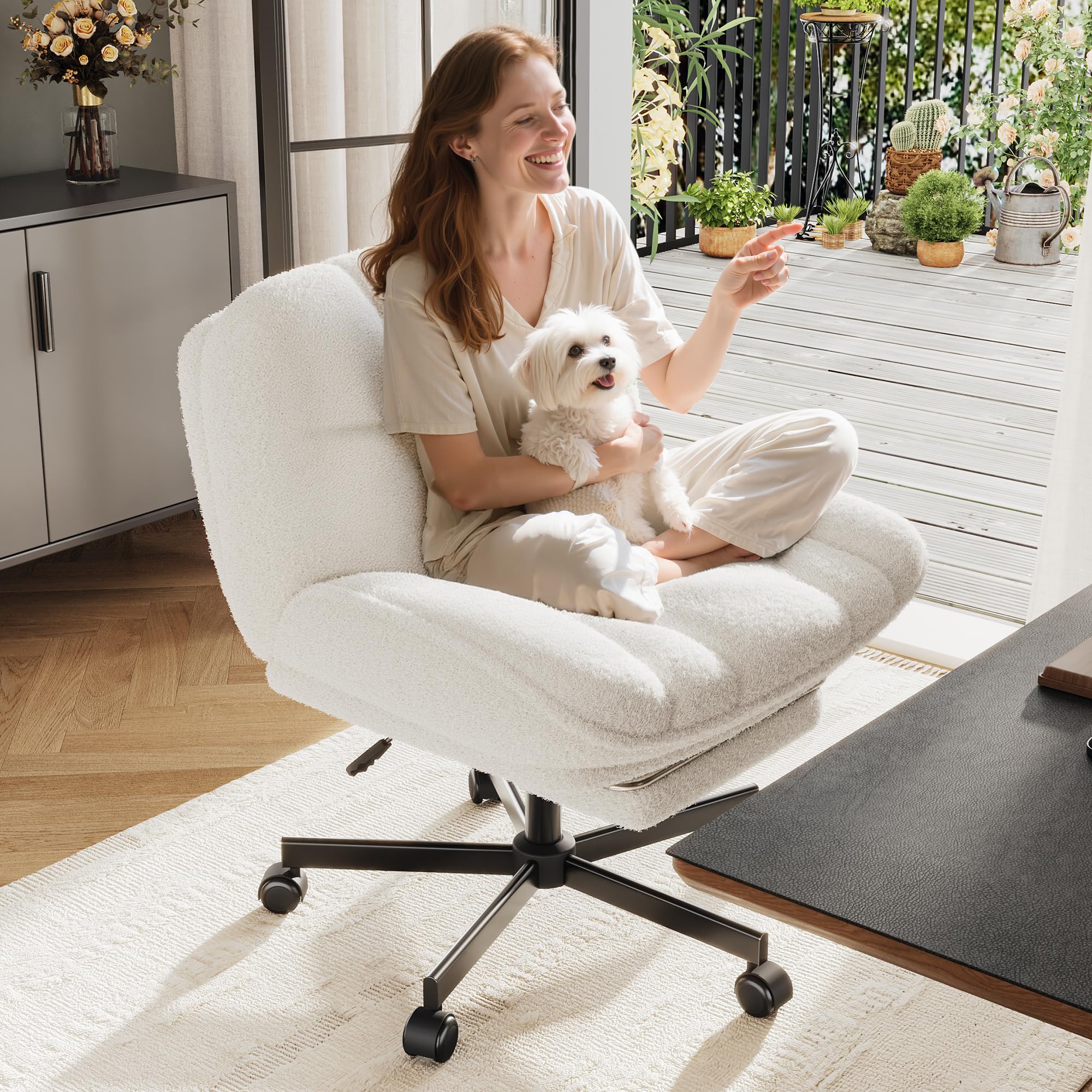 Cross Legged Office Chair with Foot Rest, 6.3" Thick Cushioned Criss Cross Chair with Wheels, Height Adjustable Swivel Vanity Chair for All-Day Comfort (White)