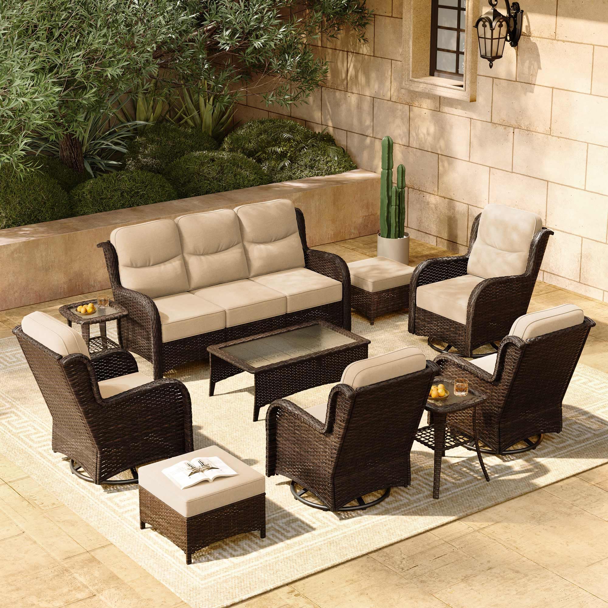 Luxury Patio Furniture Set with 6-inch Thick Cushion, Outdoor Couch and High Back Swivel Rocker Patio Chairs, 10PCS Wicker Conversation Set for Deck Yard and Poolside, Beige (V2)