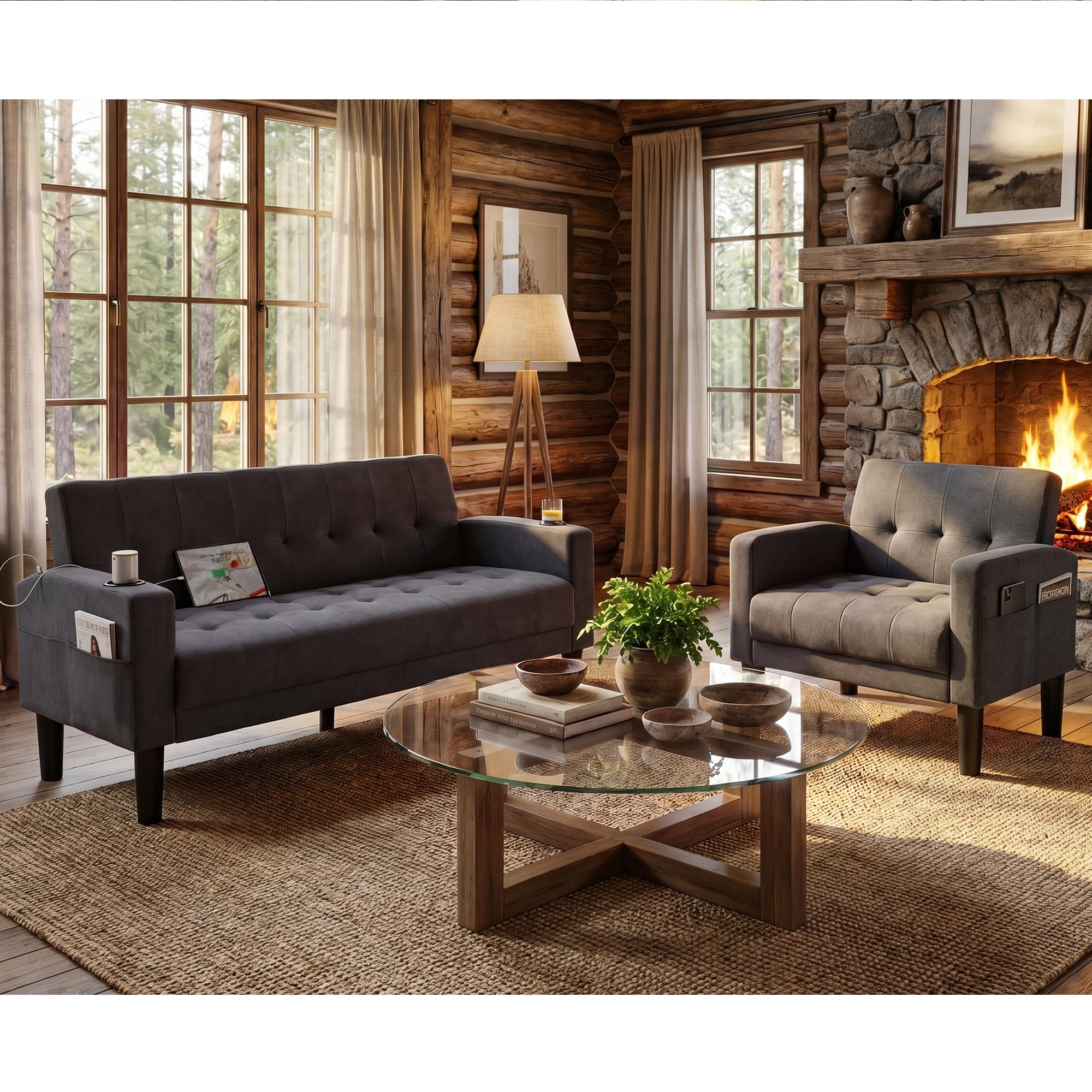 Sofa Couch, Living Room Furniture Sectional Sofa Sets 2 Pcs, Tufted Mid-Century Loveseat w/USB, Cupholders & Comfy Single Sofa for Small Space, Apartment, Office (Dark Grey)