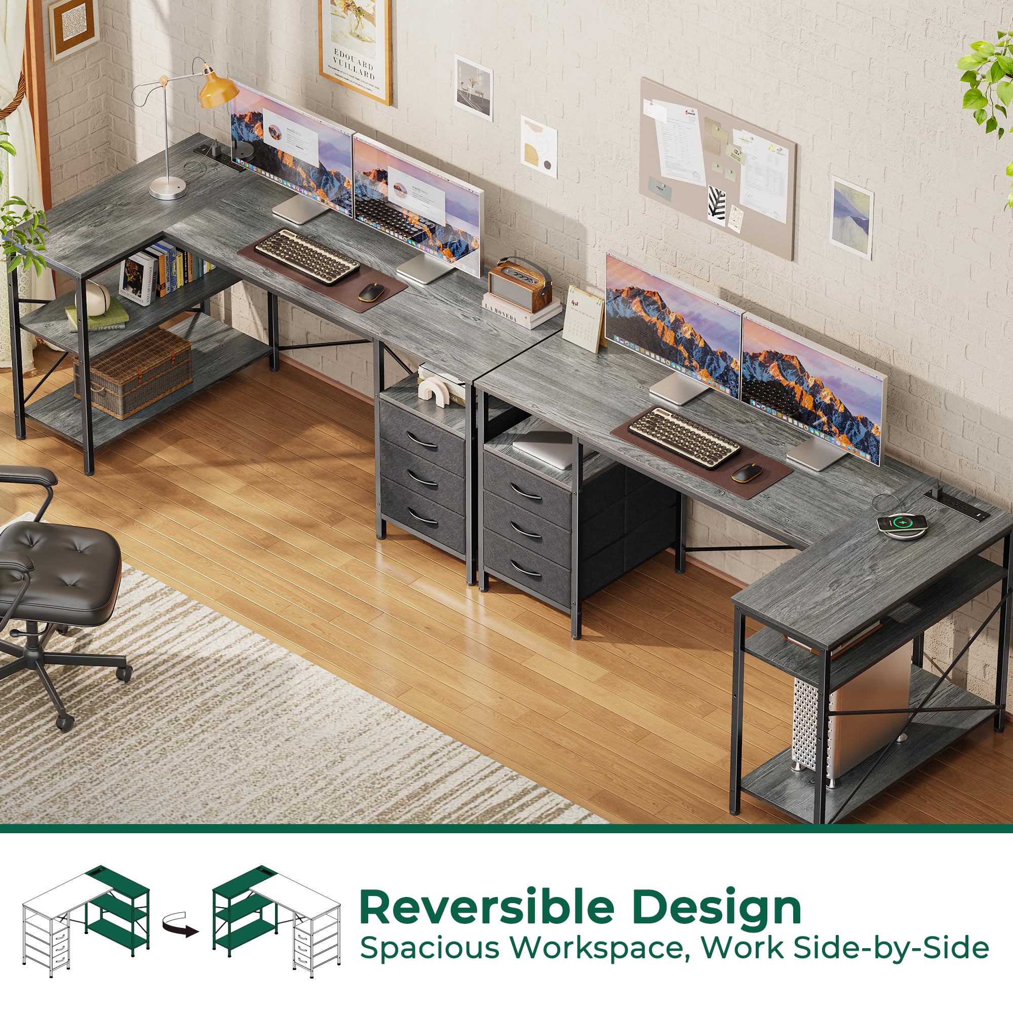 L Shaped Office Desk with Power Outlets, 55 Inch Computer Desk with 3 Drawers, Shelves, Reverisble for Gaming Corner Work Home Office Study, Grey