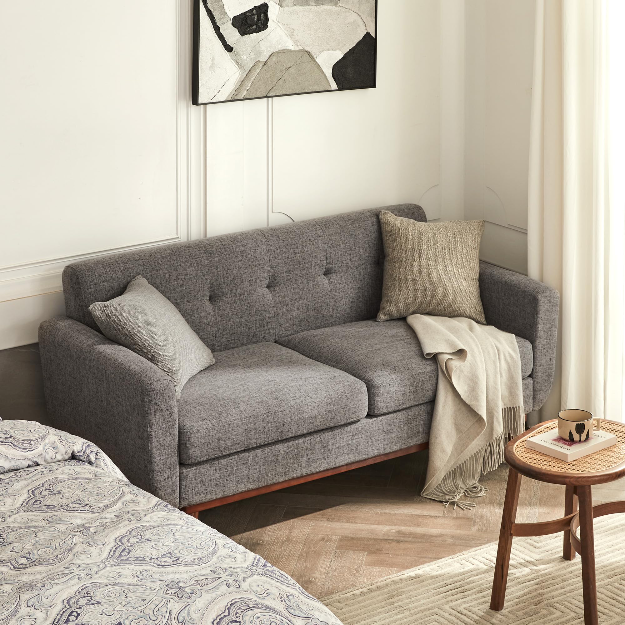 65.2" W Loveseat Sofa, Mid Century Modern Decor Love Seat Couches for Living Room, Button Tufted Upholstered Furniture, Solid & Easy to Install Small Couch for Bedroom Office Apartment, Grey