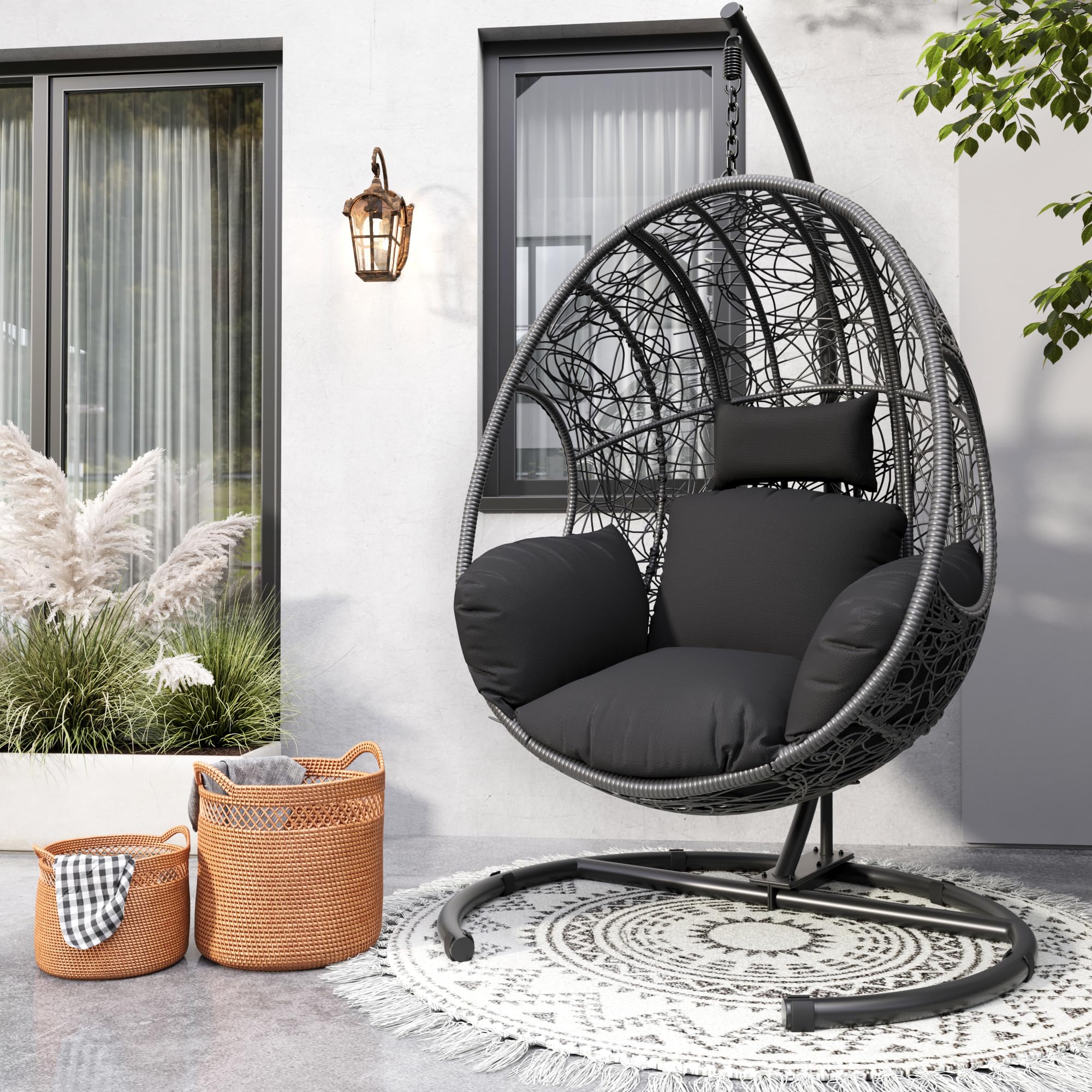 Oversized Hanging Egg Chair Outdoor Indoor, Wicker Swing Egg Chair with Stand 400lbs Capacity for Bedroom, Patio, Garden and Balcony (Grey-nest, Oversize)