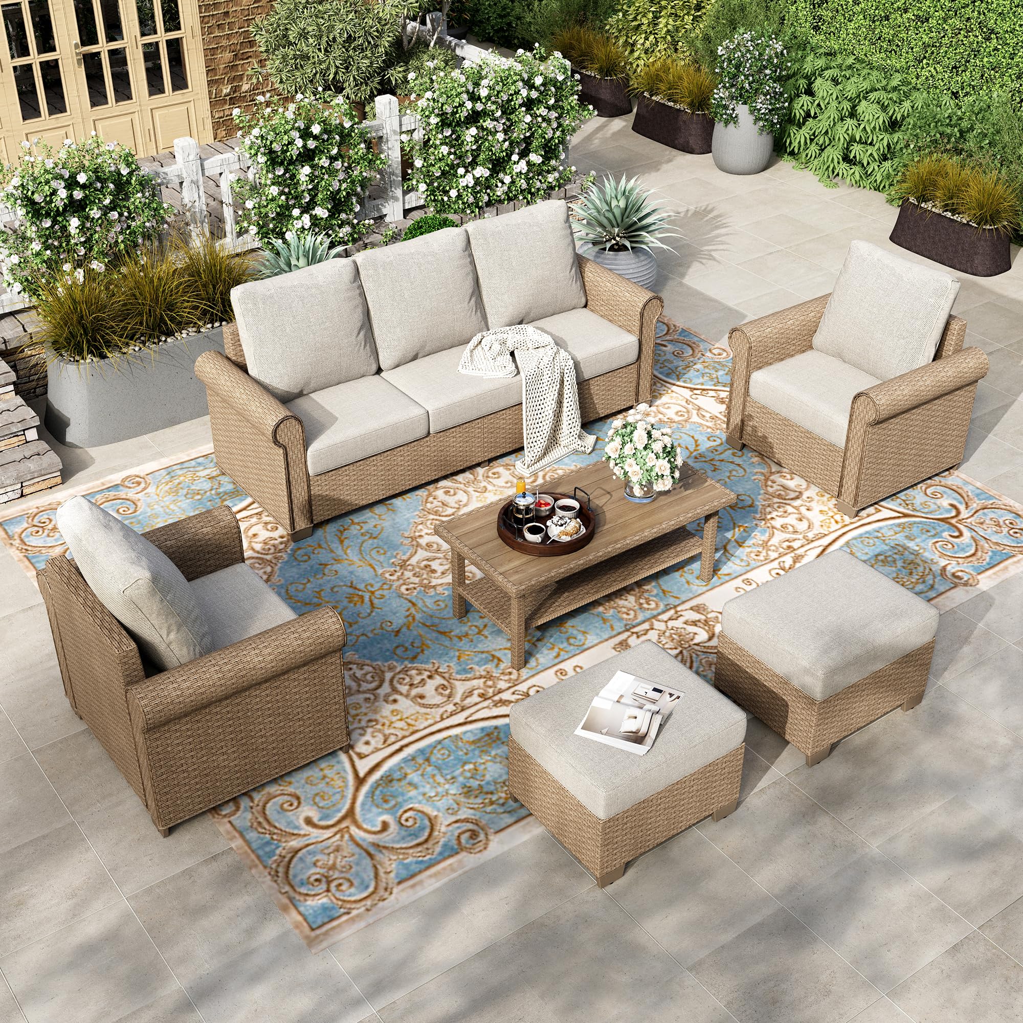 6-Piece Patio Furniture Set, All Weather 7 Seats Outdoor Wicker Sofa with Ottomans, Rattan Patio Conversation Set with 5.5