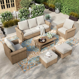 6-Piece Patio Furniture Set, All Weather 7 Seats Outdoor Wicker Sofa with Ottomans, Rattan Patio Conversation Set with 5.5