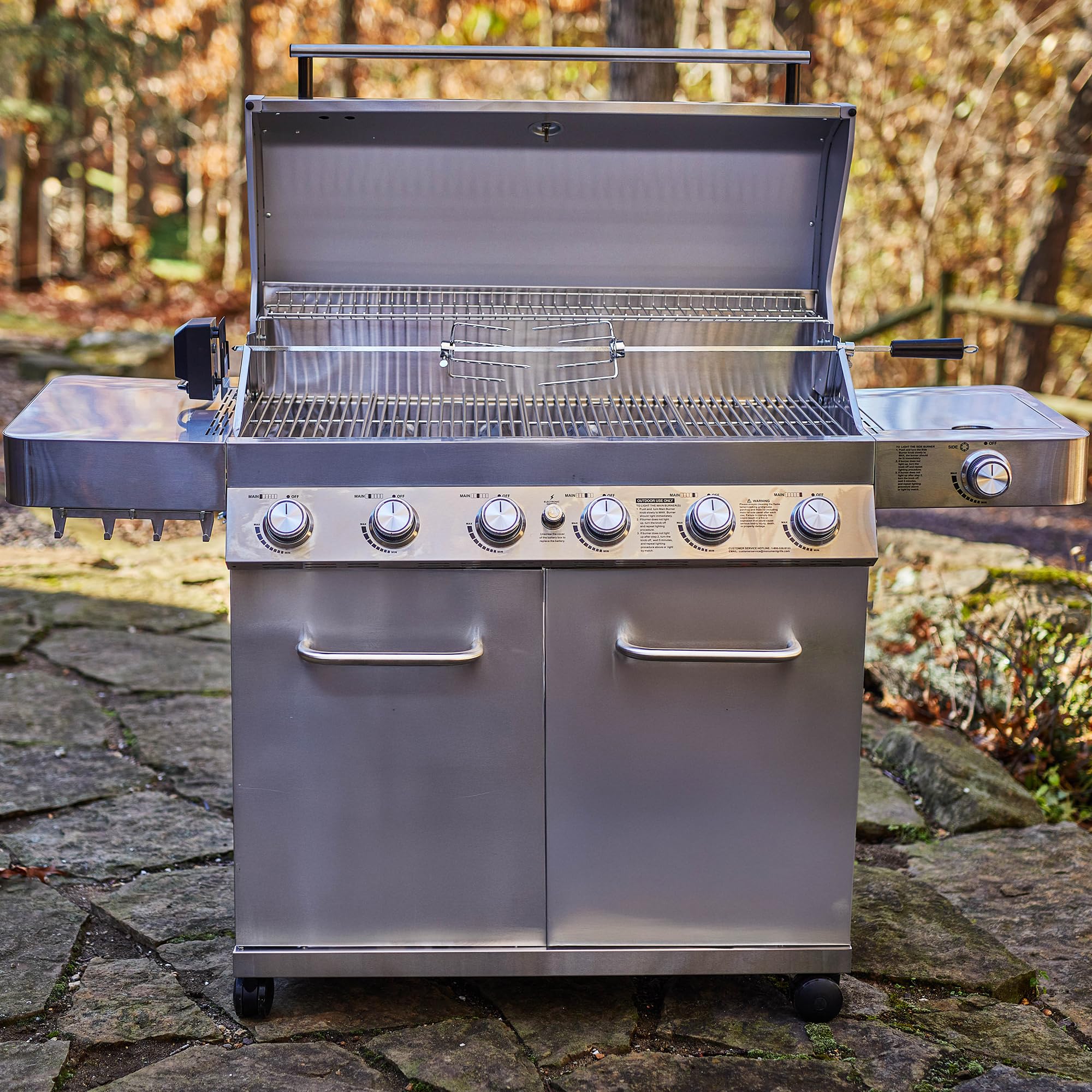 6+1 Burner Stainless Steel Cabinet Style Propane Gas Grill with Knob Controls, Side Burner, Built-In Thermometer, and Rotisserie Kit