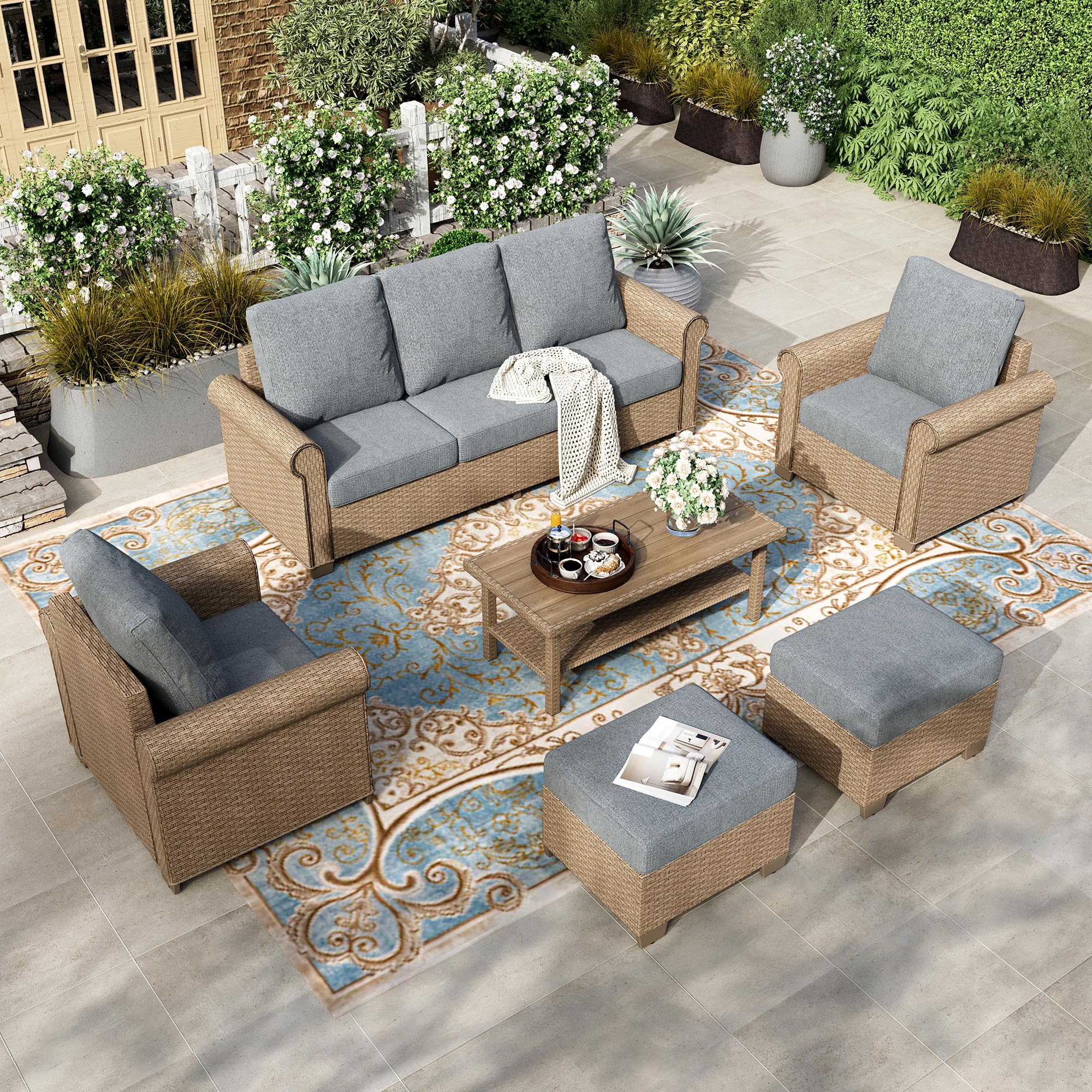 6-Piece Patio Furniture Set, All Weather 7 Seats Outdoor Wicker Sofa with Ottomans, Rattan Patio Conversation Set with 5.5" Thick Cushions and 44" Coffee Table, Grey