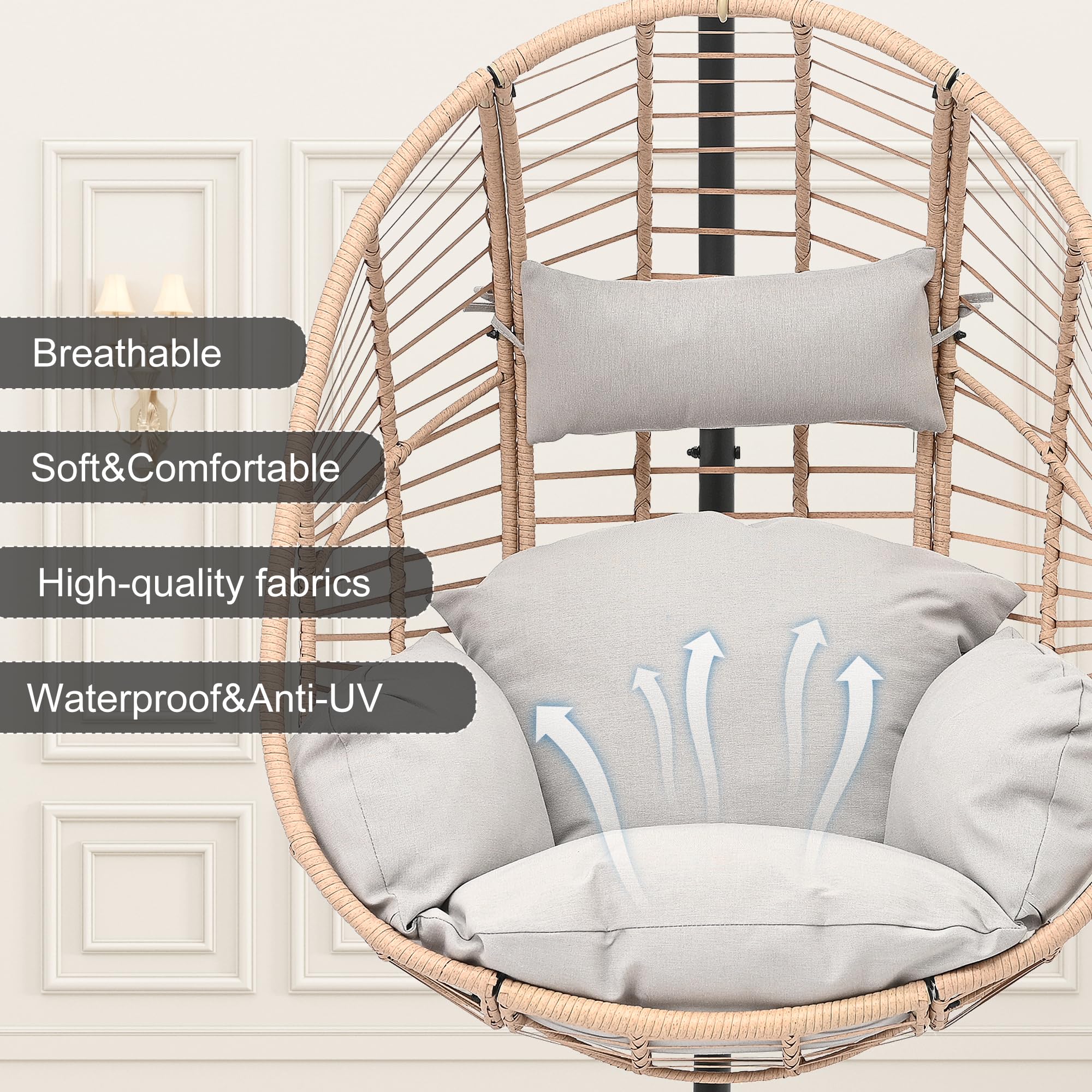 Oversized Hanging Egg Chair Outdoor Indoor, Wicker Swing Egg Chair with Stand 400lbs Capacity for Bedroom, Patio, Garden and Balcony (Beige-Regular, Oversize)