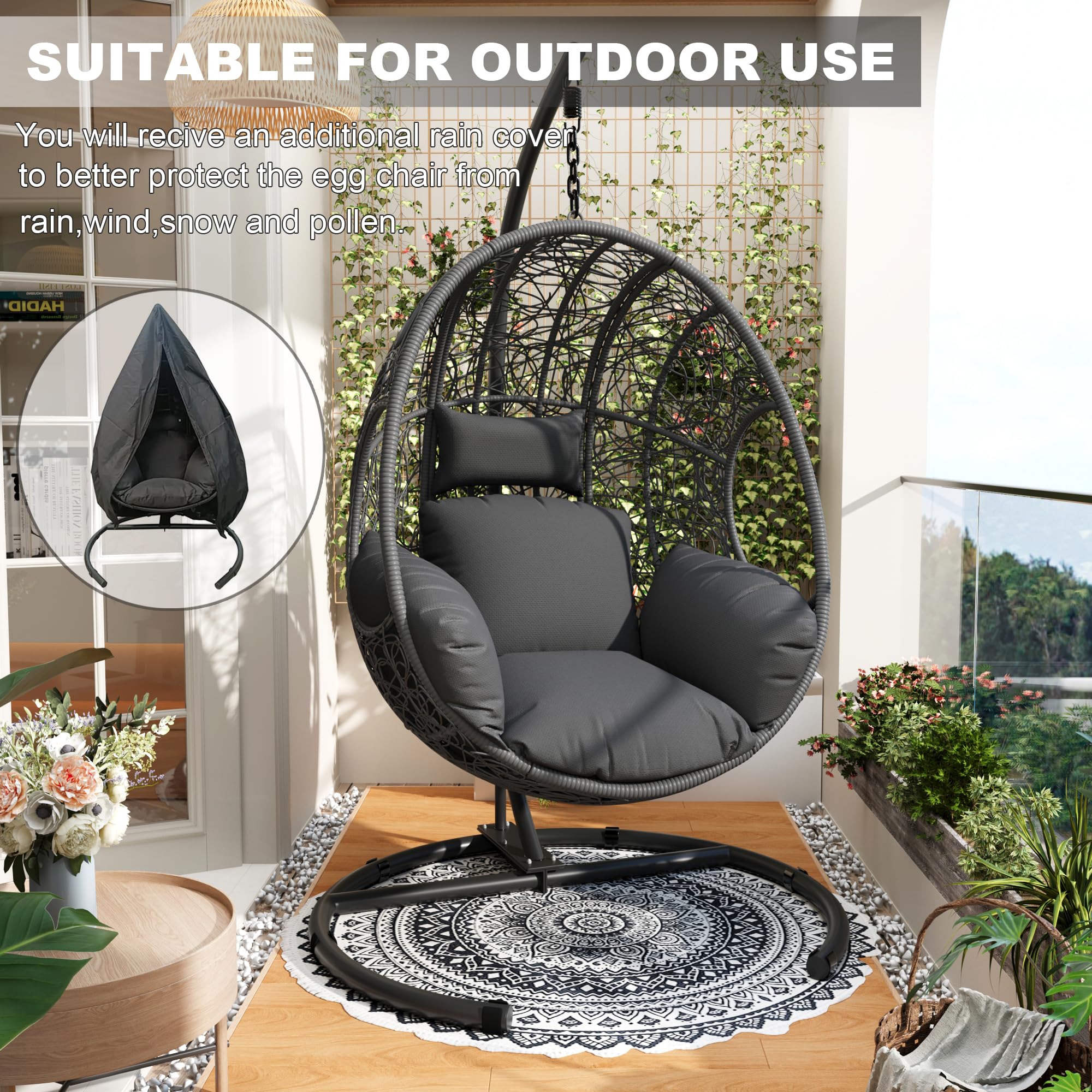 Oversized Hanging Egg Chair Outdoor Indoor, Wicker Swing Egg Chair with Stand 400lbs Capacity for Bedroom, Patio, Garden and Balcony (Grey-nest, Oversize)