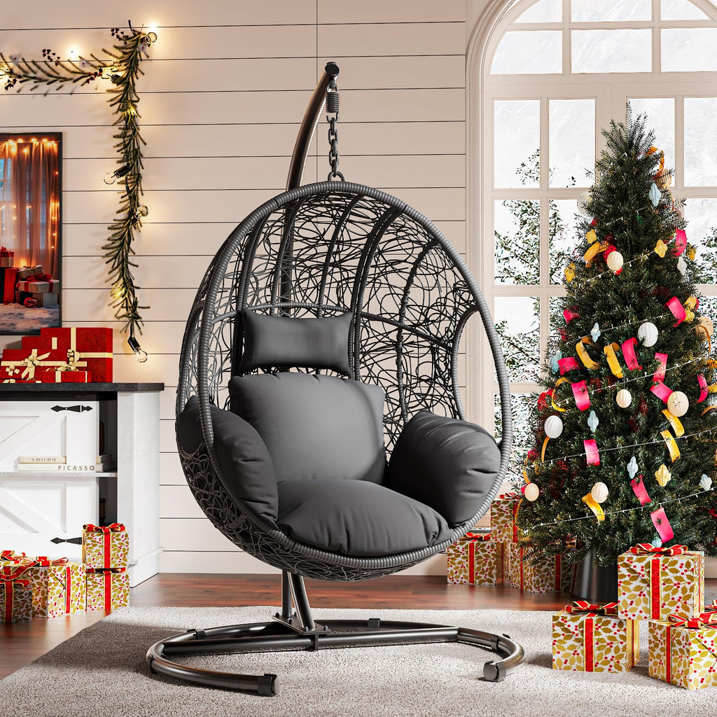 Oversized Hanging Egg Chair Outdoor Indoor, Wicker Swing Egg Chair with Stand 400lbs Capacity for Bedroom, Patio, Garden and Balcony (Grey-nest, Oversize)