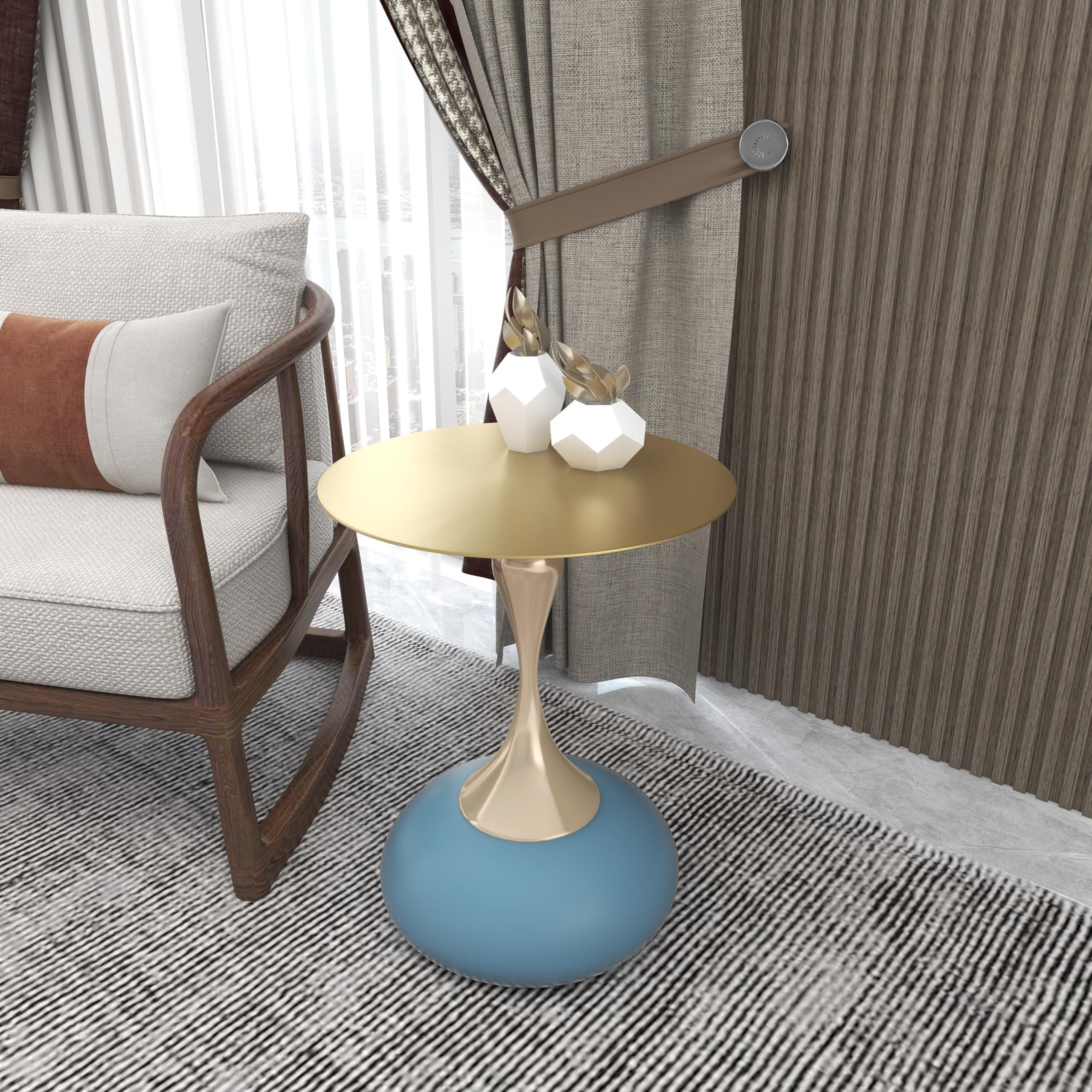Modern Round Side Table with Gold Stainless Steel Top, Gold Pedestal Stem & Glossy Base, Accent End Table for Living Room, Bedroom, or Small Spaces, 17.7" × 21.6", Blue