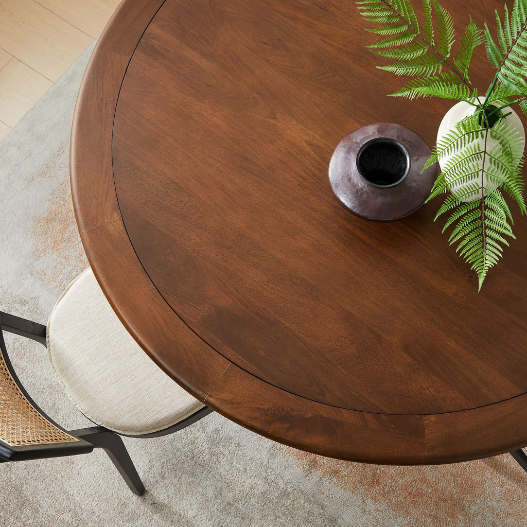 60 Inch Round Wood Dining Table with Metal Pedestal in Brass Walnut - Modern Industrial Dining Table for 6 People - Solid Wood Tulip Kitchen Table