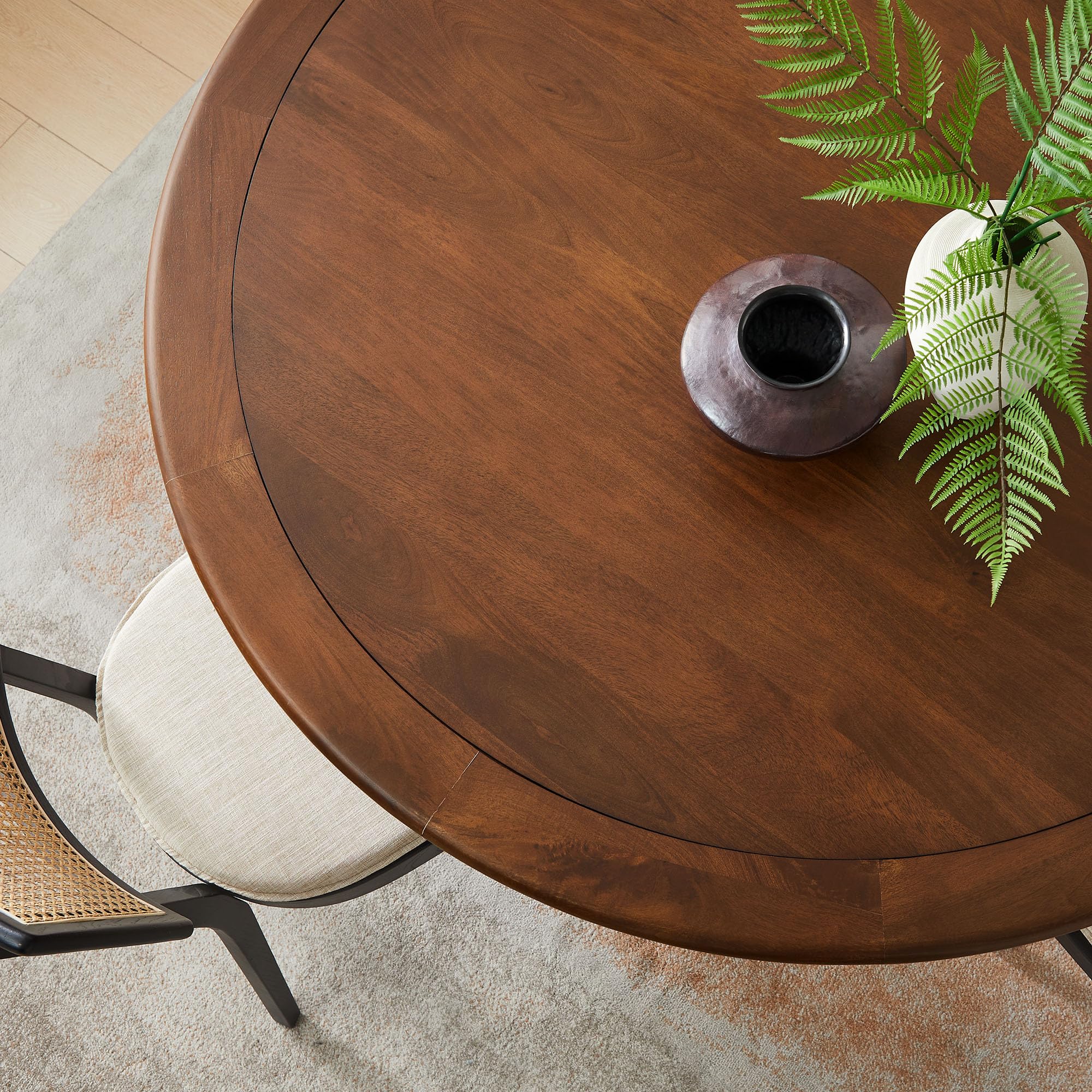 60 Inch Round Wood Dining Table with Metal Pedestal in Brass Walnut - Modern Industrial Dining Table for 6 People - Solid Wood Tulip Kitchen Table
