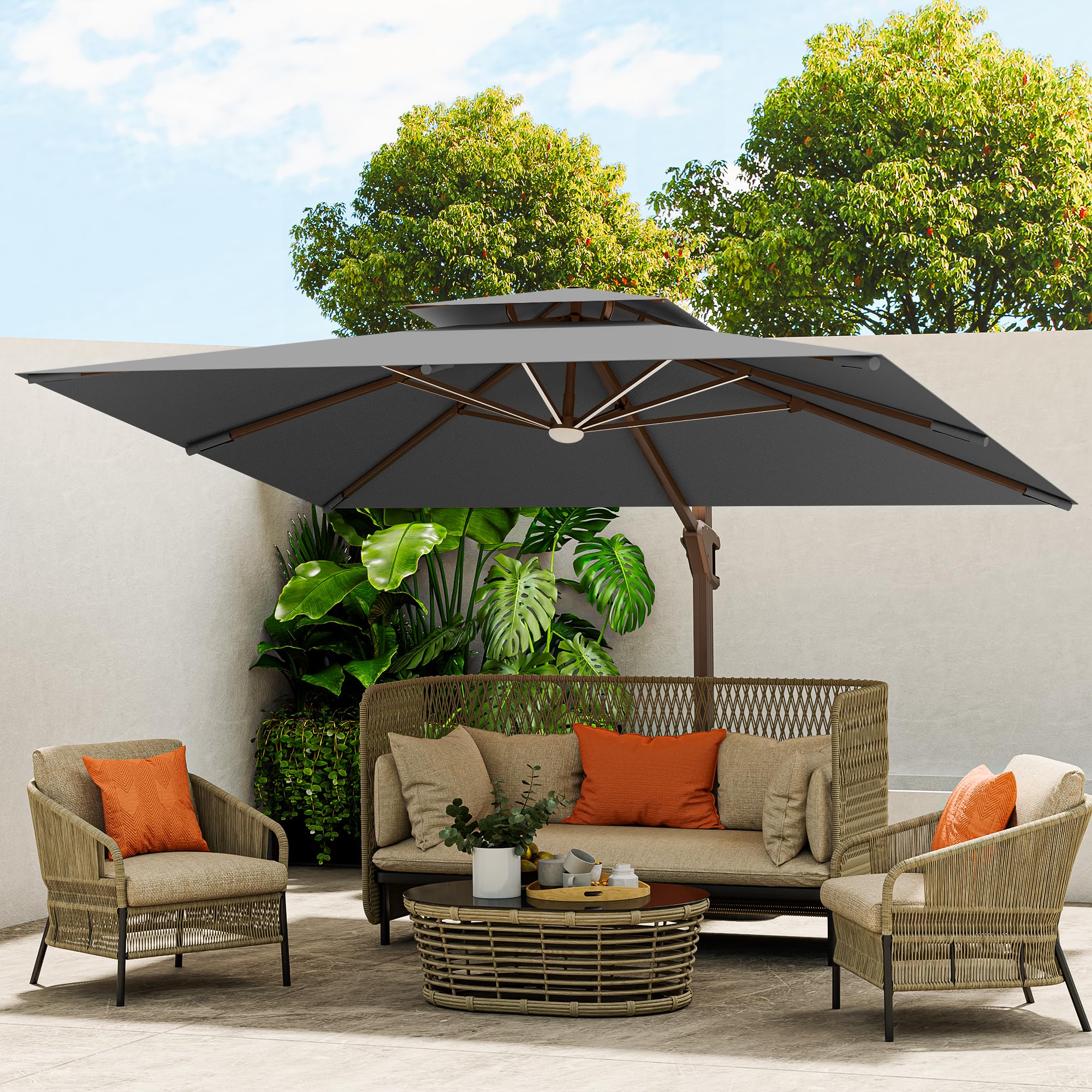 10 X 13 FT Cantilever Outdoor Patio Umbrella with Base Included Large Heavy Duty 360° Rotation Double Top Offset Rectangular Umbrellas with Led Lights for Backyard Outside Deck,Grey
