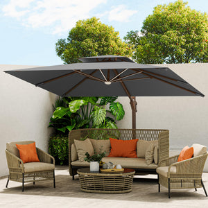 10 X 13 FT Cantilever Outdoor Patio Umbrella with Led Lights Large Heavy Duty 360° Rotation Double Top Offset Rectangular Umbrellas for Backyard Garden Pool Outside Deck, Grey
