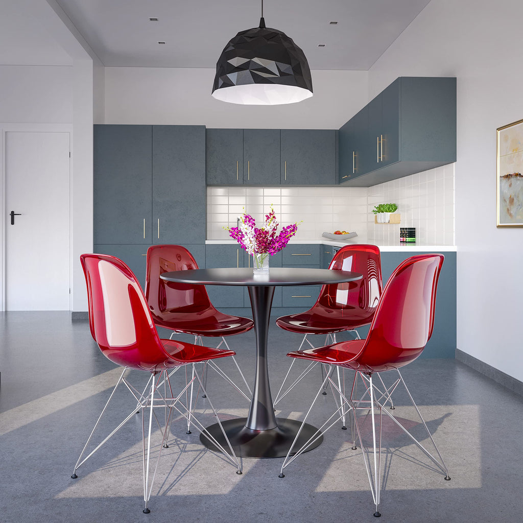 Dining, Modern Chrome Eiffel Base and Curved Back Design, Ergonomic and Lightweight Accent Side Chair for Mid-Century Home, Kitchen, and Café (Transparent Red, Singles)
