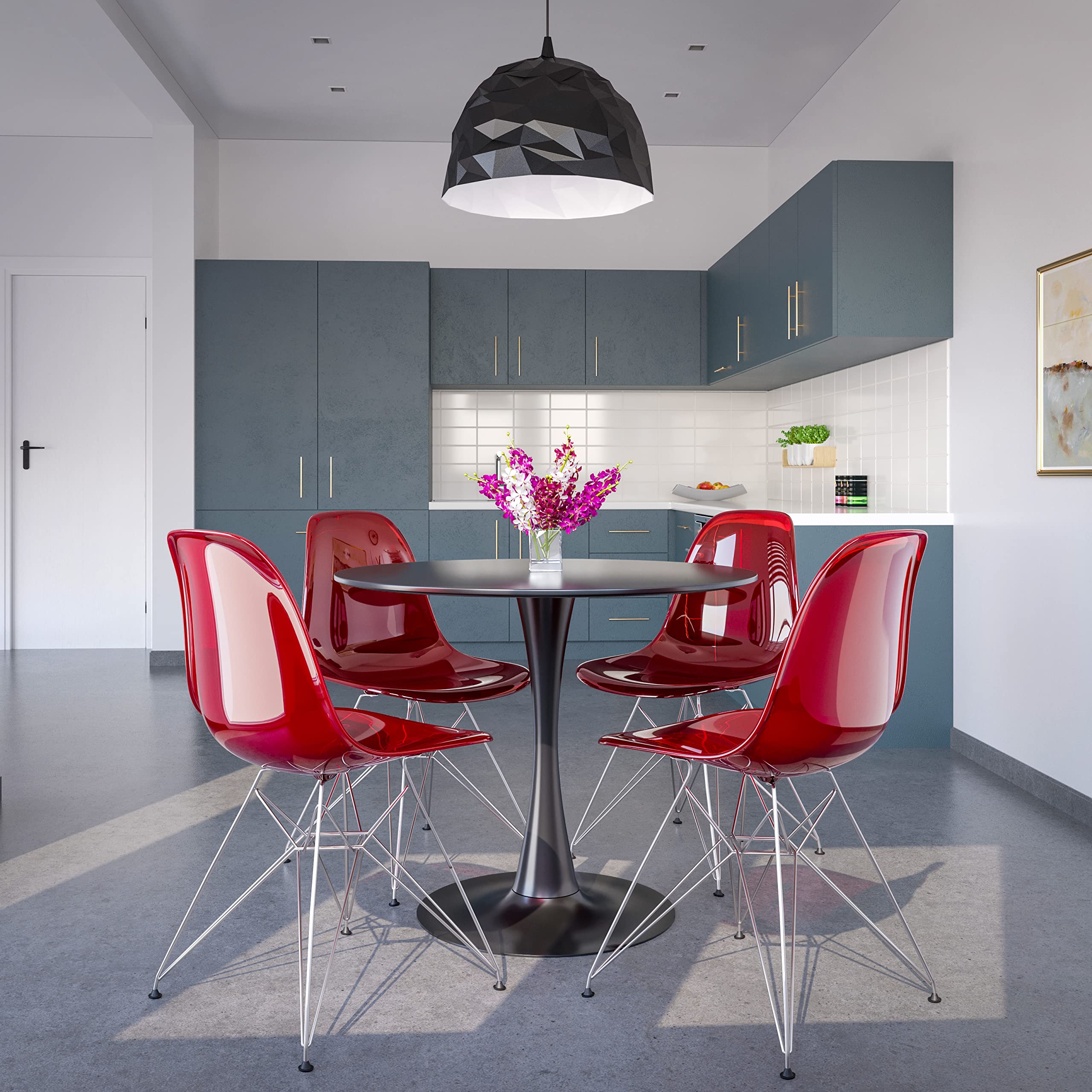 Dining, Modern Chrome Eiffel Base and Curved Back Design, Ergonomic and Lightweight Accent Side Chair for Mid-Century Home, Kitchen, and Café (Transparent Red, Singles)