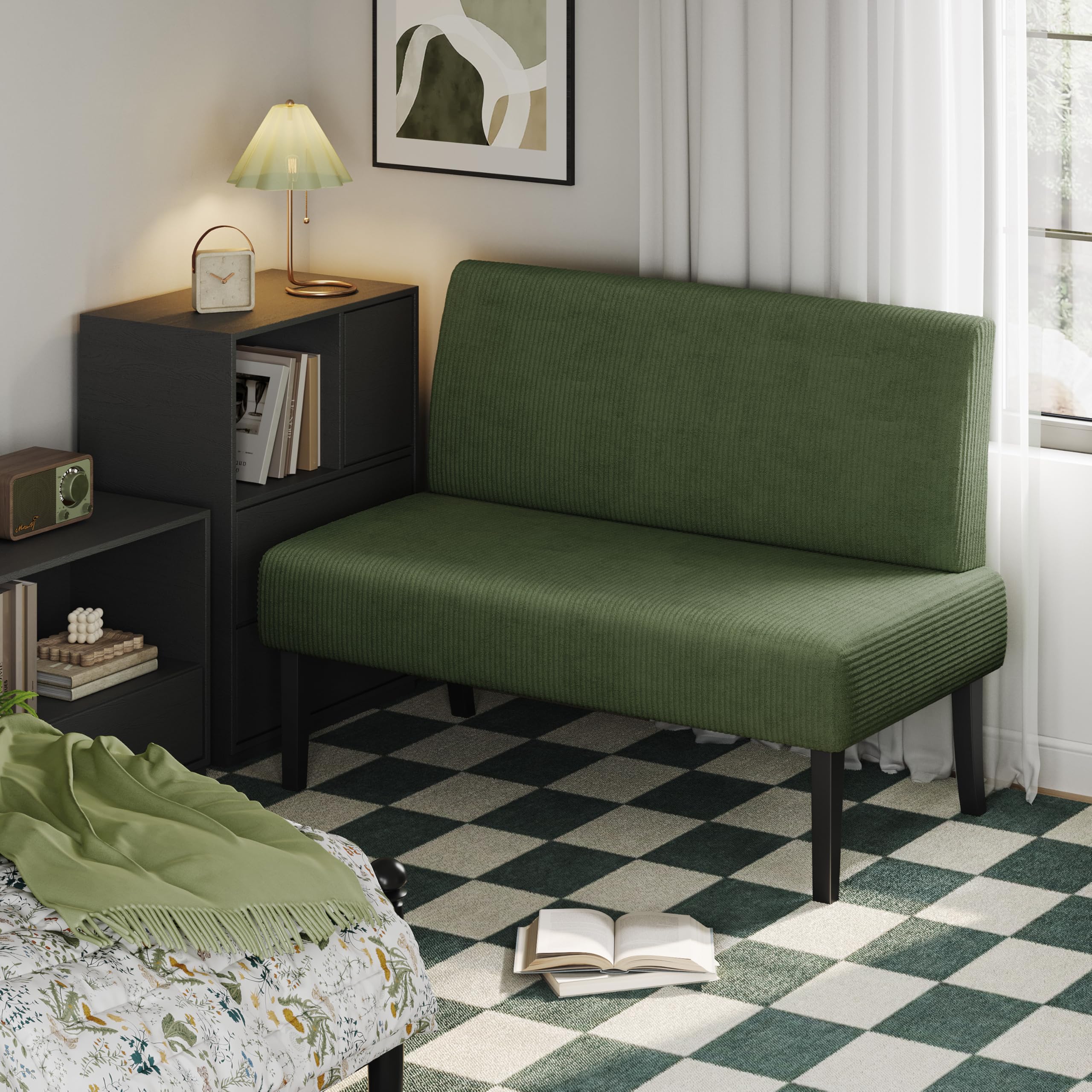 Small Mini Sofa Couch Armless Loveseat Futon for Bedroom, Corduroy Fabric & Easy Assembly, for Small Spaces Living Room,Dorm,Office,Apartment, Green